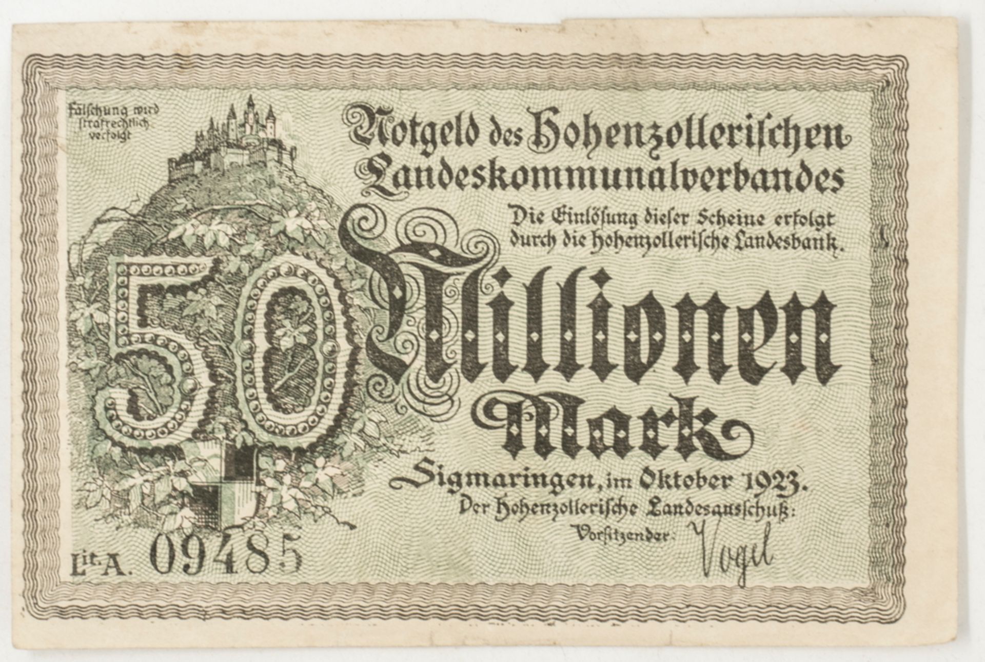 Deutsches Reich 1923, Notgeld des Hohenzollerischen Landeskommunalverbandes, 50 Millionen Mark.