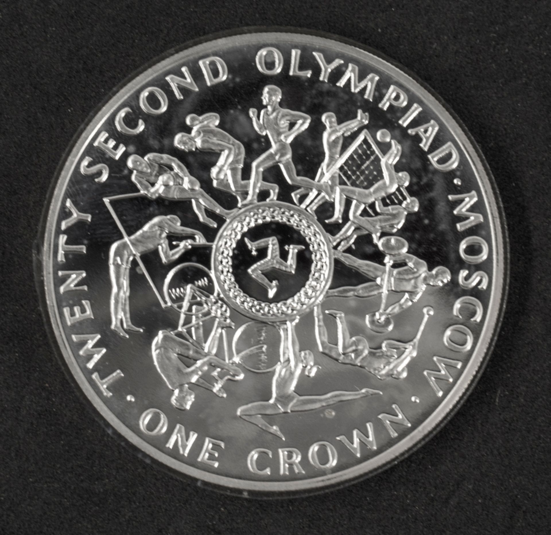 Isle of man 1980, 1 Crown - Silbermünze (geprüft), Olympische Spiel in Moskau. Erhaltung: vz.