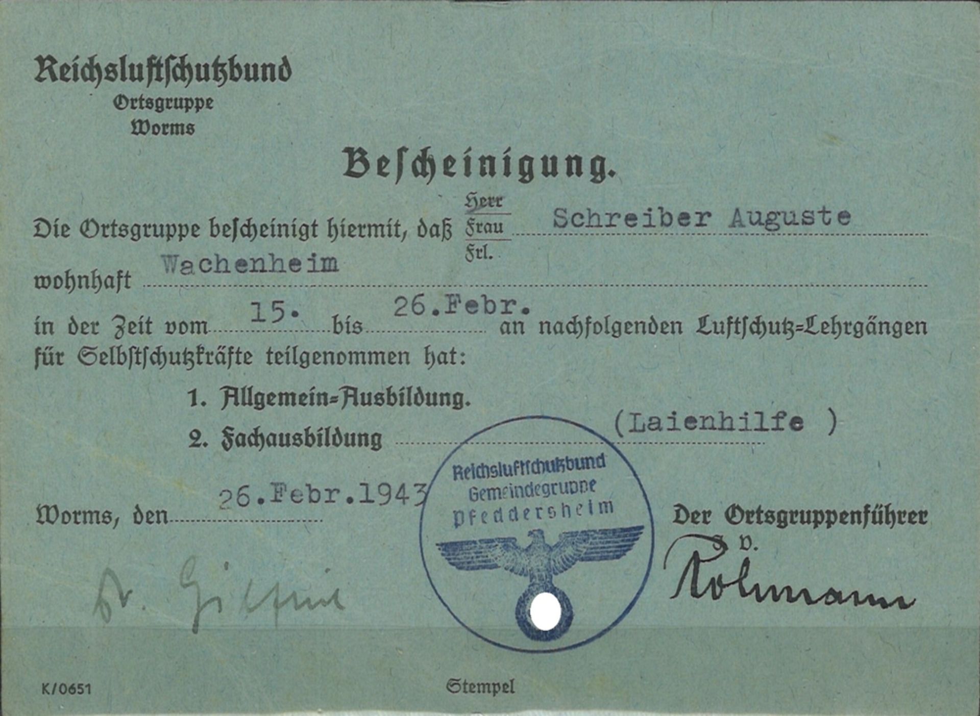 Kennkarte "An Luftschutz-Lehrgang teilgenommen", Reichsluftschutzbund Ortsgruppe Worms,