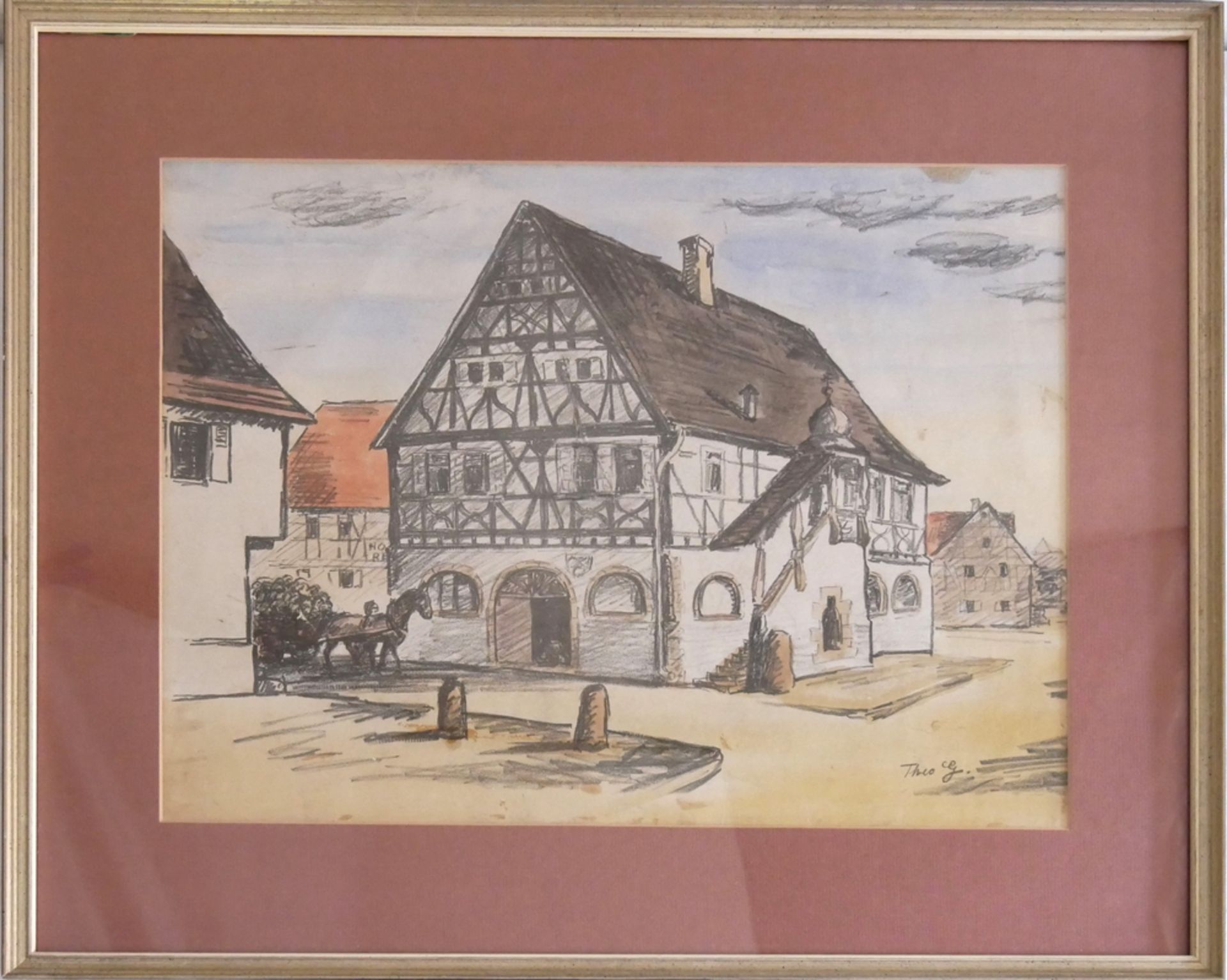 Theo GEMS, Pfälzer Maler. Zeichnung "Rathaus" rechts unten Theo G., hinter Glas gerahmt. Gesamtmaße: