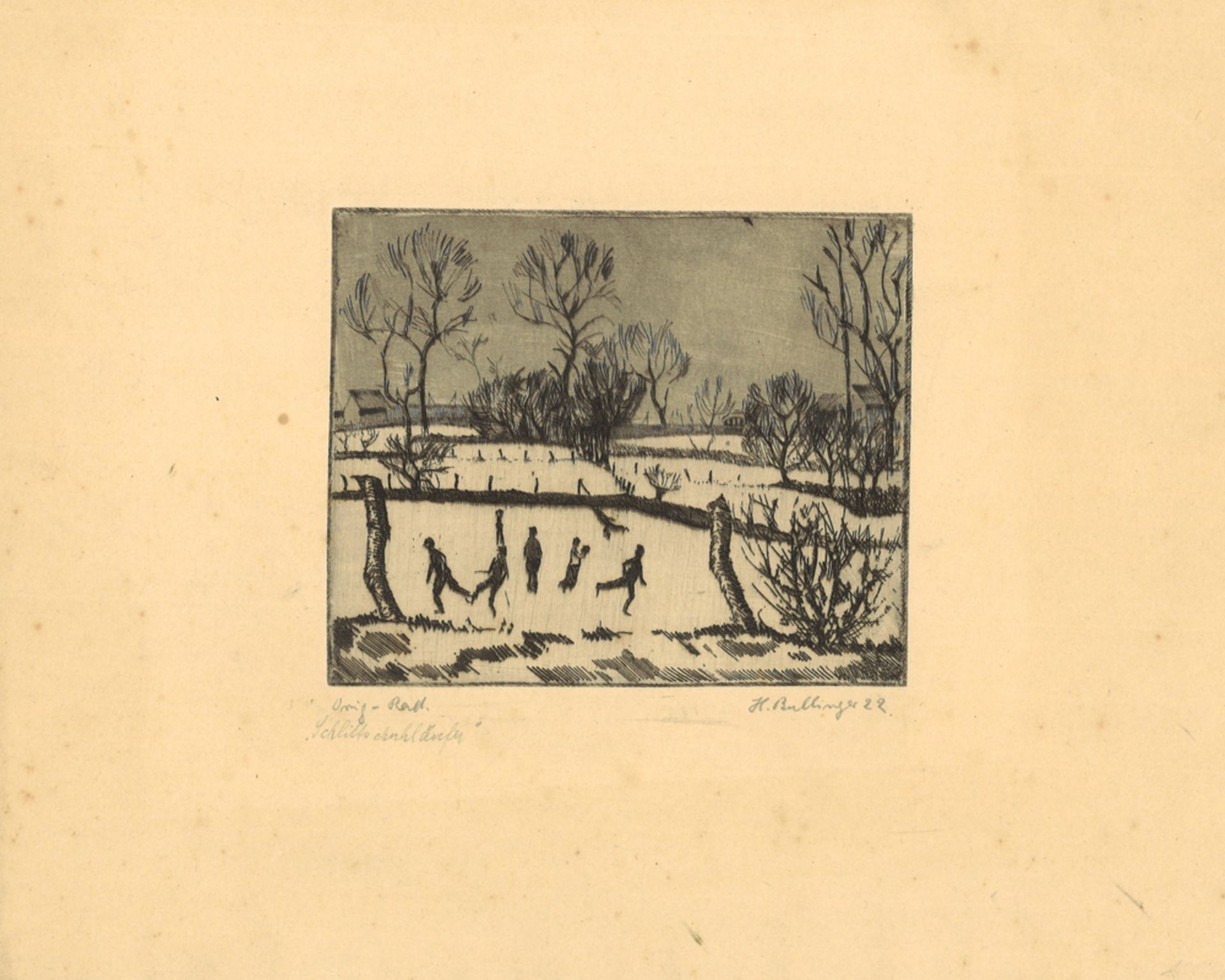 Original-Radierung "Schlittschuhläufer" von Hans Bullinger (*1896 Hassloch - 1961), Signatur