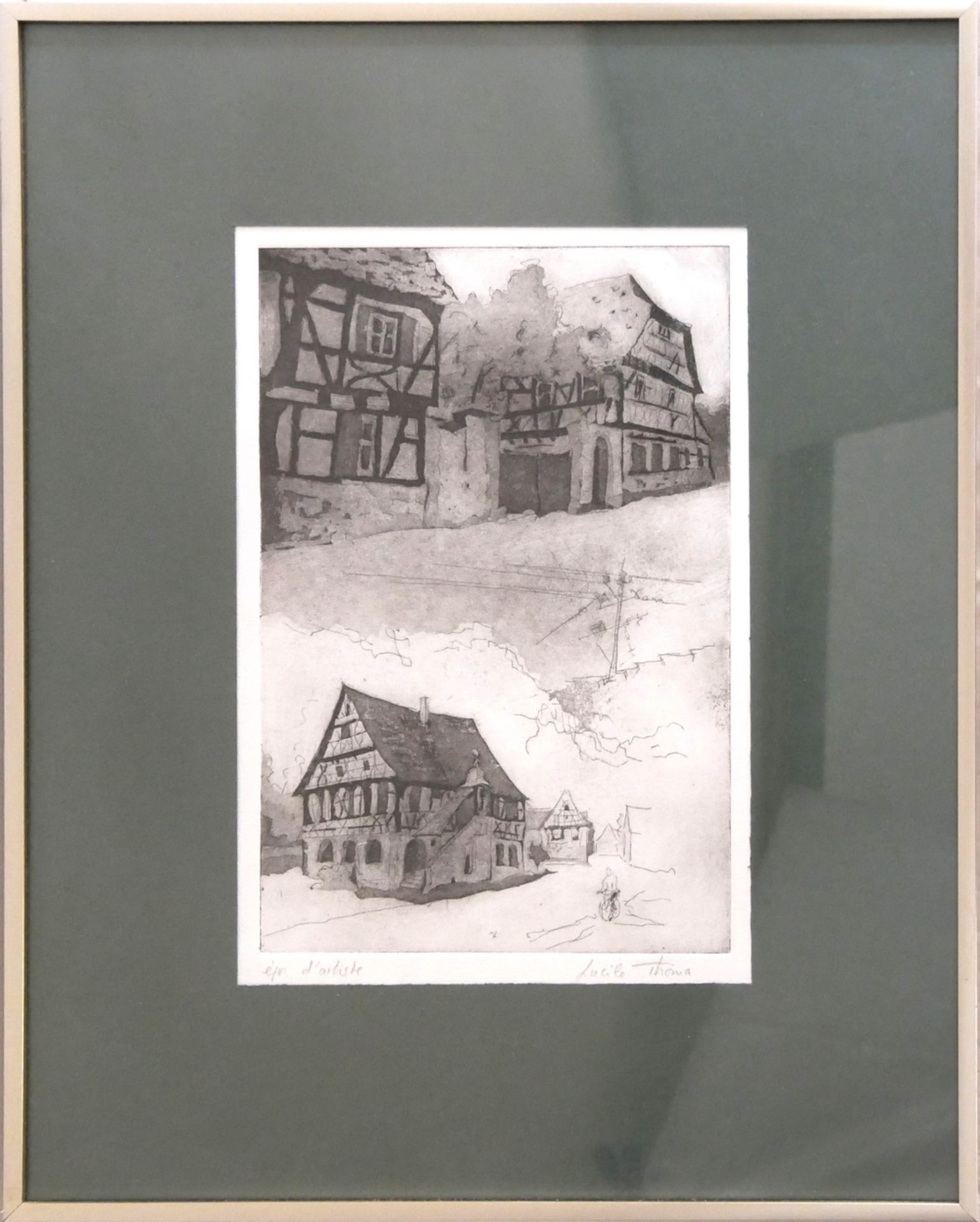 Lucile THOMA (1935) Radierung "Pfälzer Dorf" rechts unten signiert, Lucile Thoma. Hinter Glas