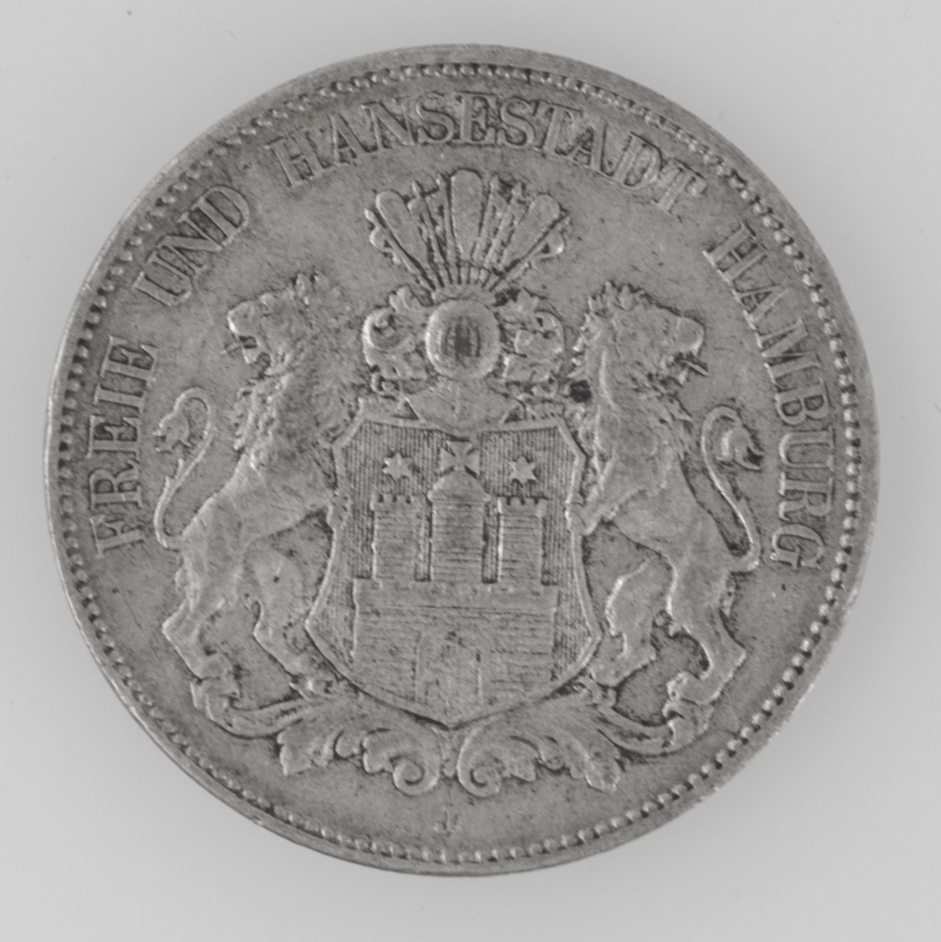 Deutsches Kaiserreich Hamburg 1907 J, 5 Mark - Silbermünze. Erhaltung: ss.