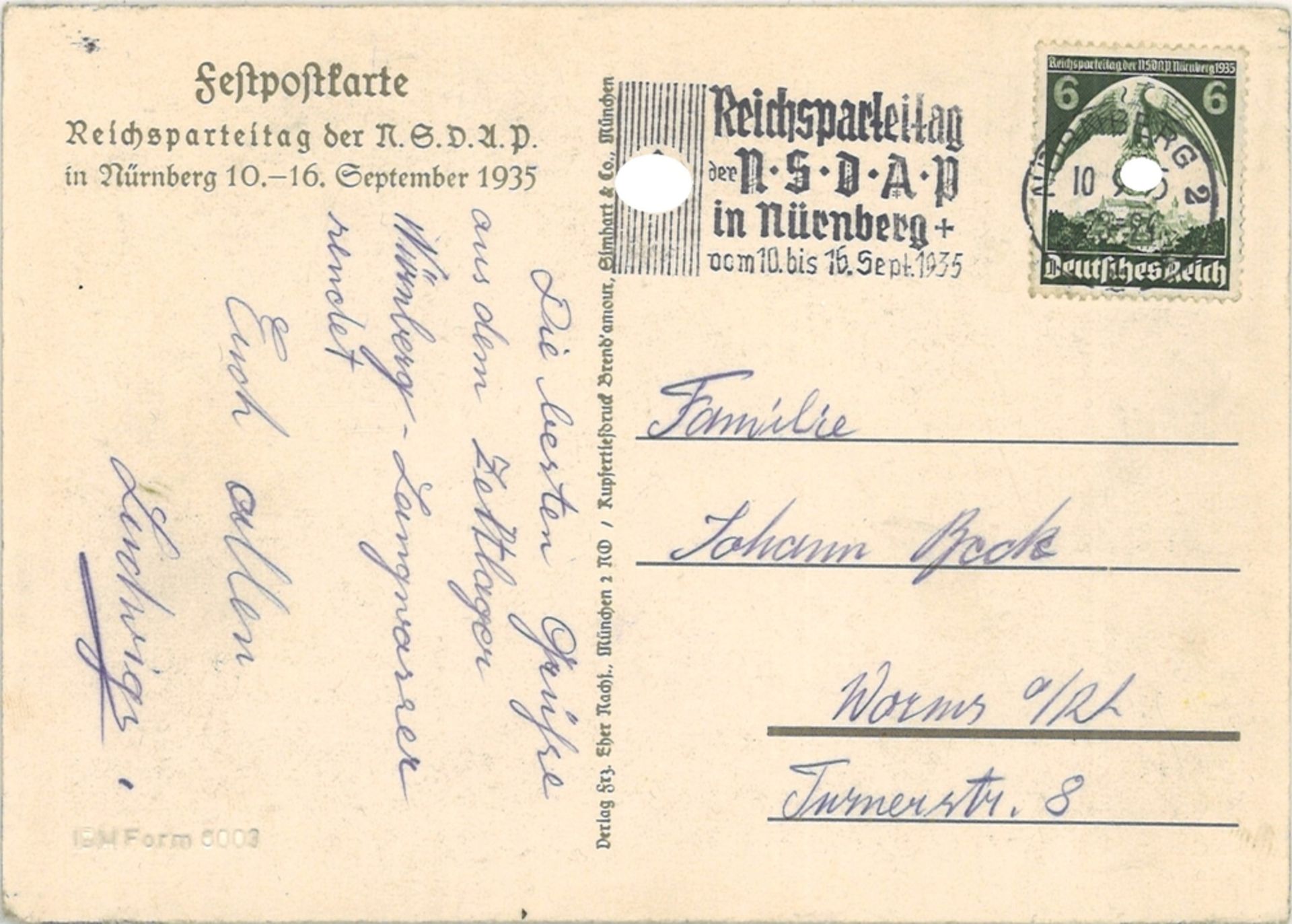 Festpostkarte Reichsparteitag Nürnberg 1935, SA/Hitler/SS Sonderwerbestempel Nürnberg - Image 2 of 2