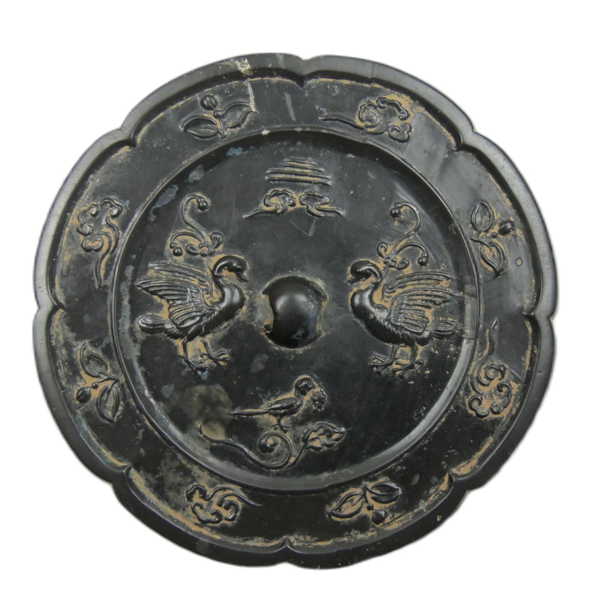 Bronzespiegel China, wohl frühe Tang-Dynastie. Dekor mit Gänse, Vögel und Blumen. Durchmesser ca. 12