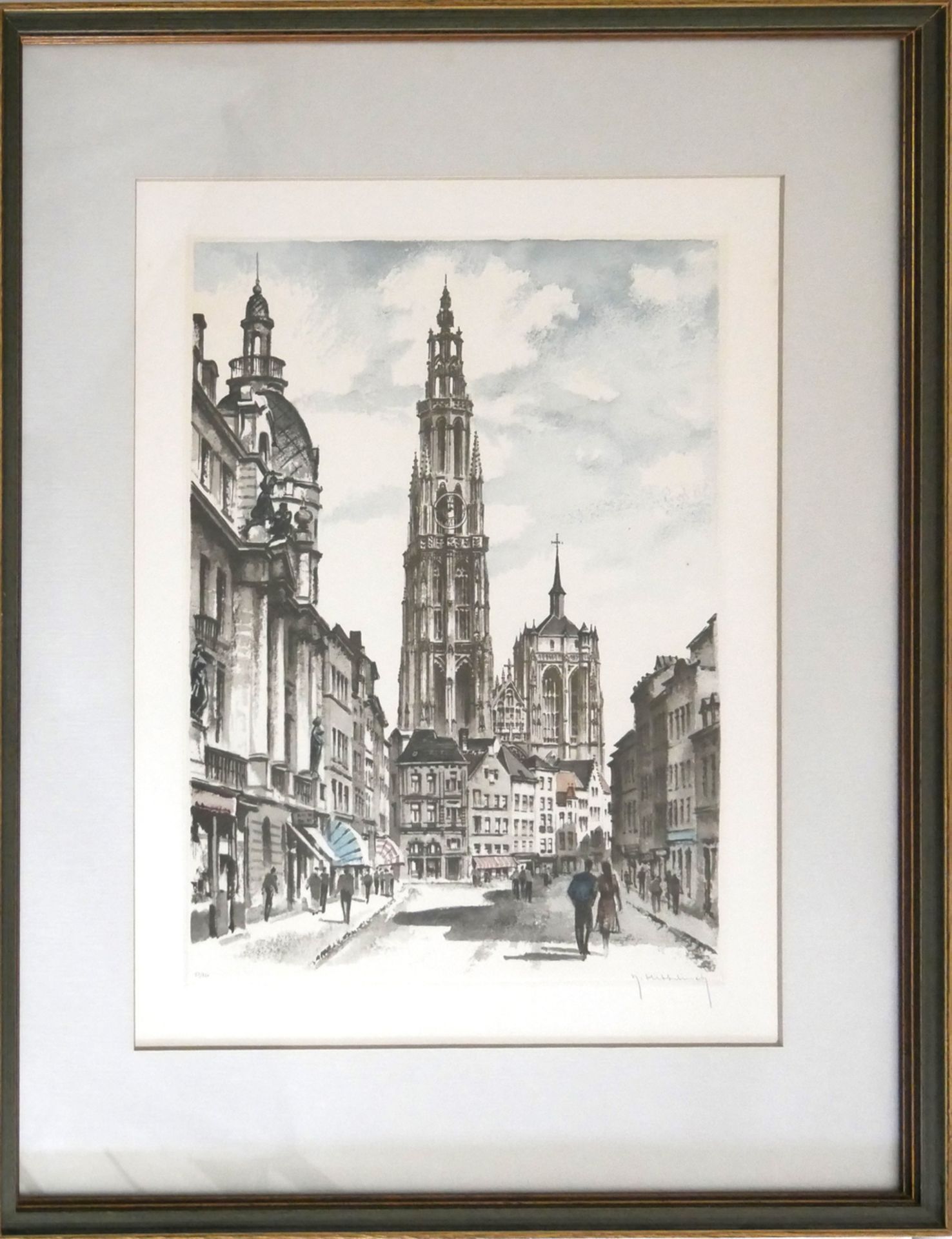 Aquarell "Liebfrauenkathedrale (Antwerpen)" hinter Glas gerahmt, Blatt 50/350 rechts unten