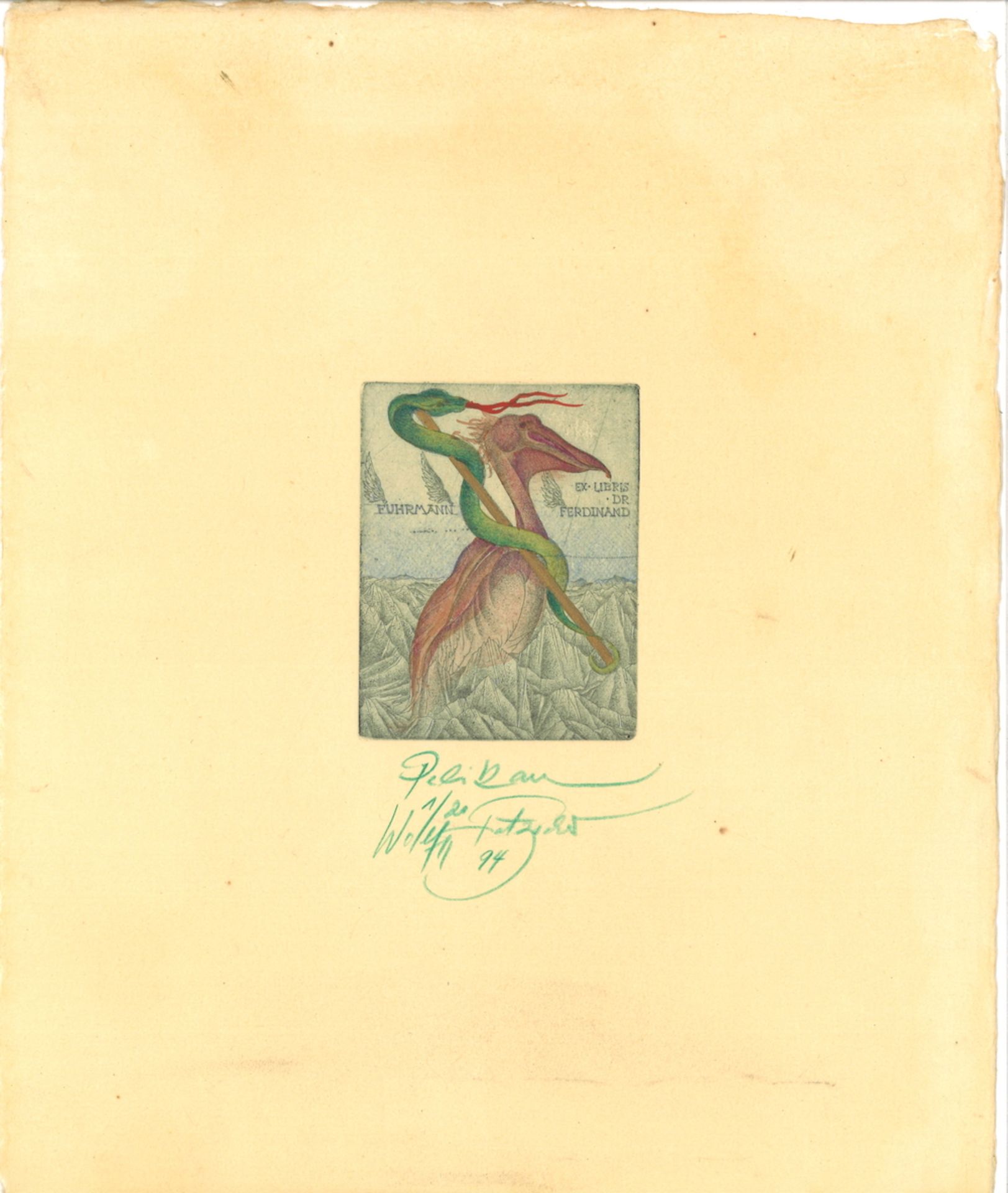 Lithografie "Pelikan" von Wolfgang Fratscher, 1/20, Signatur unten mittig 94, Fuhrmann, Ex Libris Dr