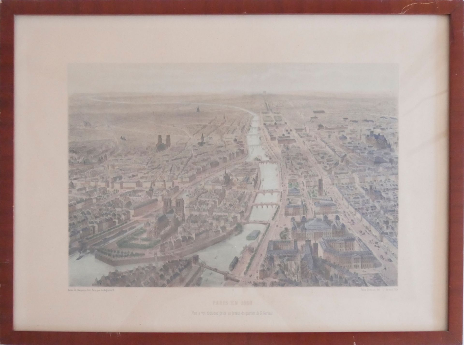 Lithographie J. Arnout "Paris en 1860" hinter Glas gerahmt. Gesamtmaße: Höhe ca. 36 cm, Breite ca.