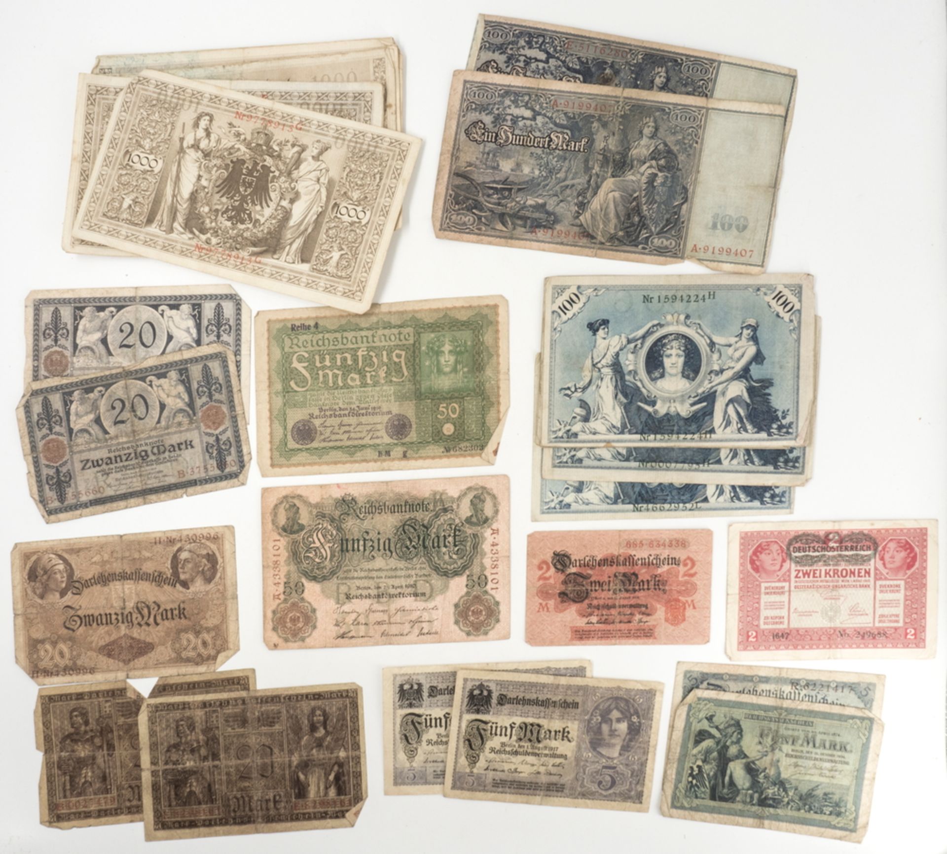 Deutsches Kaiserreich, Lot Banknoten, bestehend aus 13 x 100 Mark, 10 x 1.000 Mark, 2 x 50 Mark, 2 x