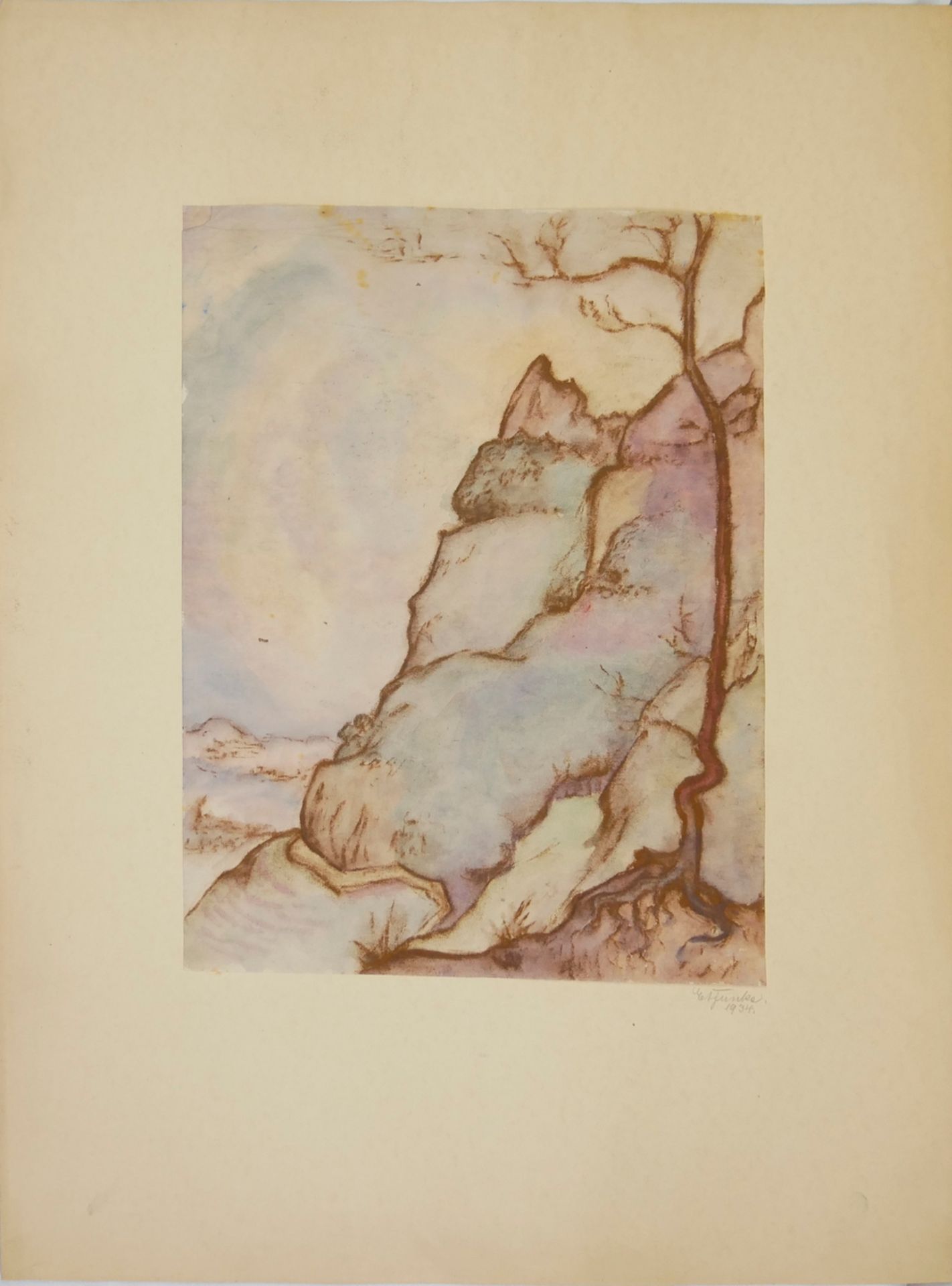Kreide-/Tempera Zeichnung, "Im Gebirge" von Ernst August Funke, aus Nachlaß-Auflösung, Teil 1,