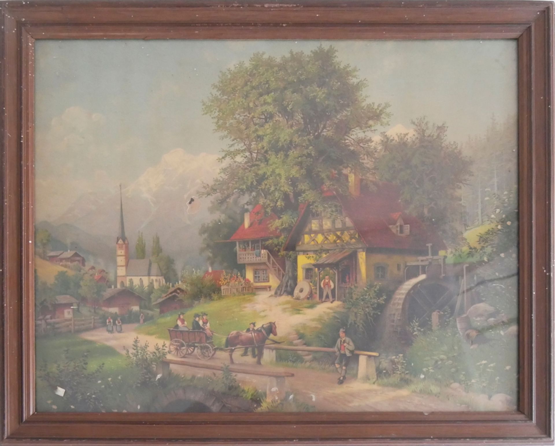 Öldruck "Landschaftsbild, Alpenszenerie" 1851-1900, hinter Glas gerahmt. Teilweise mit