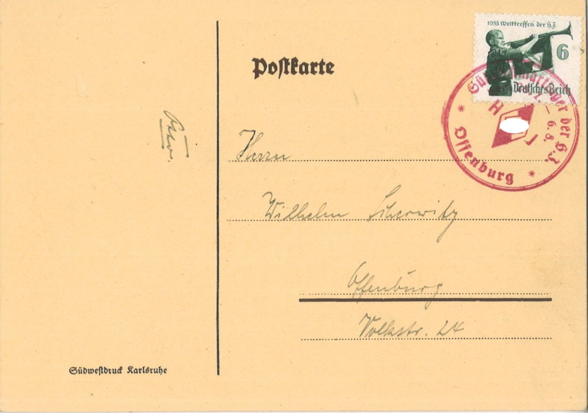 Deutsches Reich Ansichtspostkarte "Südwestmarklager 1935 der Hitler Jugend bei Offenburg, Michel-Nr. - Bild 2 aus 2