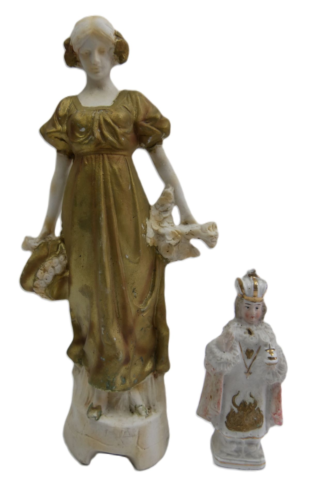 2 antike Bisquitt Porzellanfiguren, 1 Dame, Höhe ca. 24,5 cm, mit Farbabrieb, am Stand hinten