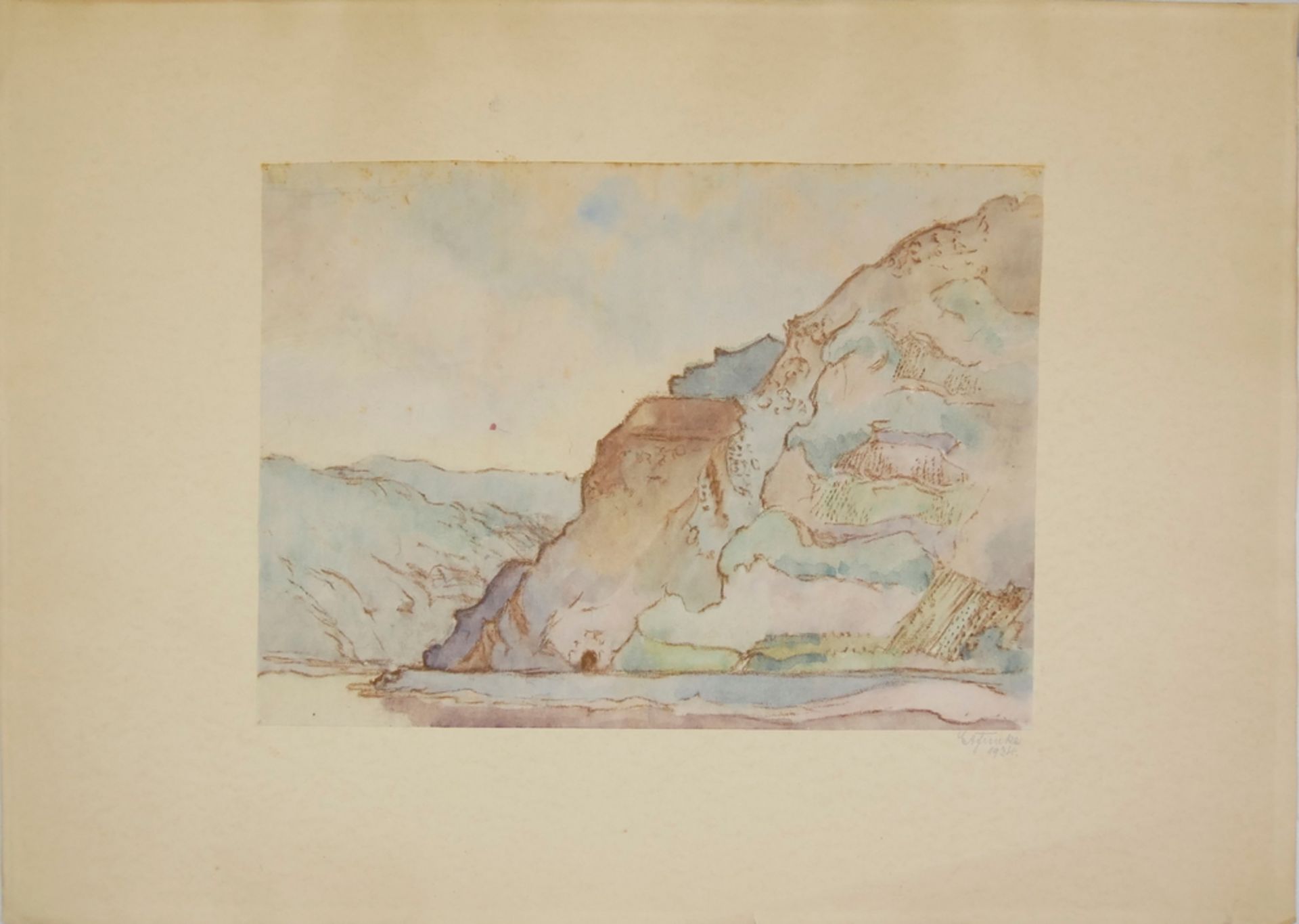 Aquarell, "Bergsee", von Ernst August Funke, aus Nachlaß-Auflösung, Teil 1, Signatur und