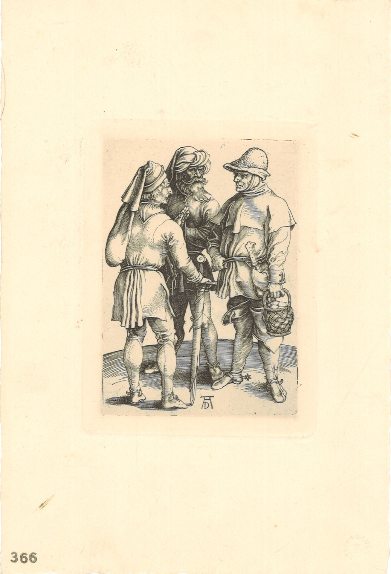 Druckgrafik "Drei Bauern im Gespräch", um 1497, von Albrecht Dürer (1471-1528), Monogramm unten