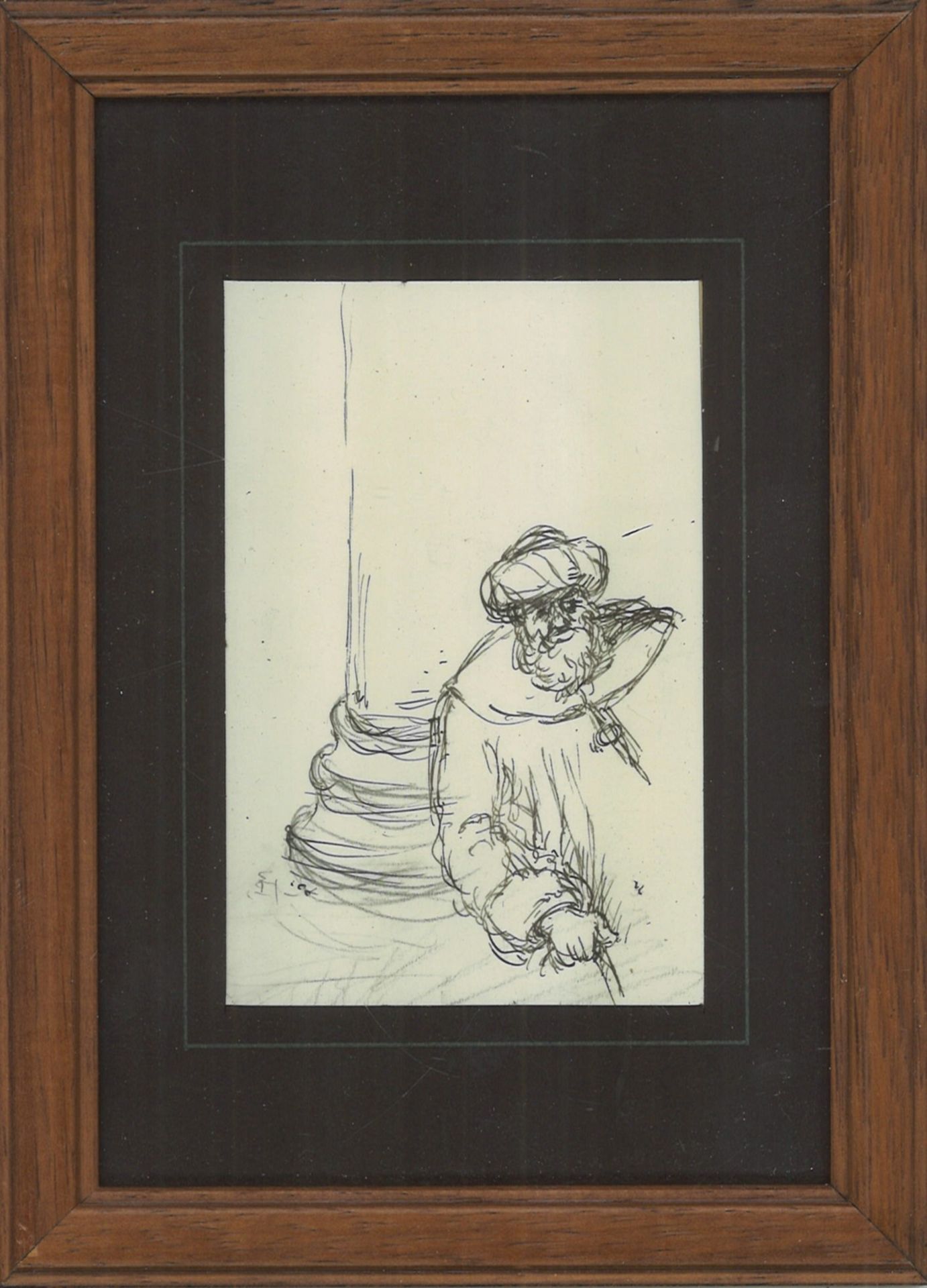 Zeichnung "Mann" von Jakob Baqué, hinter Glas gerahmt. Gesamtmaße: Höhe ca. 16,5 cm, Breite ca. 12