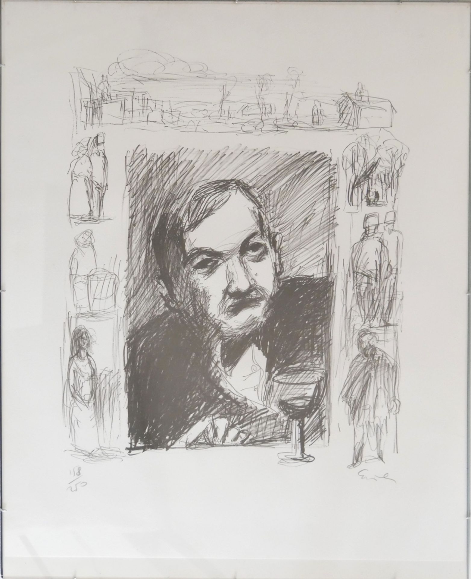 Georg EISLER (1928-1998)Lithographie "Vor einem Weinglas sitzender Herr (Joseph Roth ?)" Blatt 158/