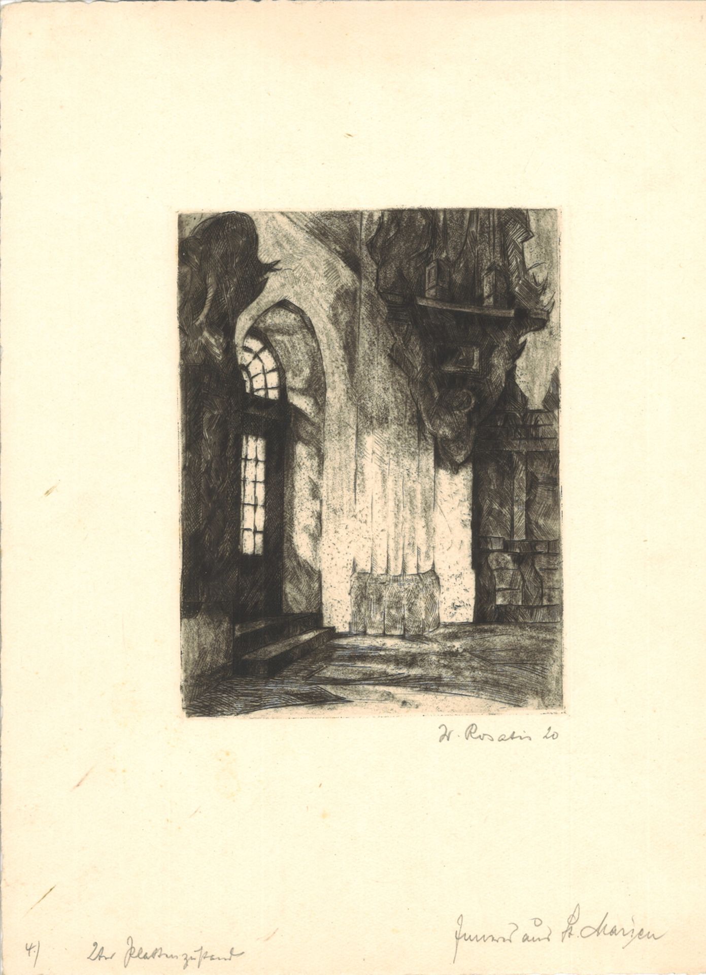 Radierung "Innneres aus St. Marien" von Waldemar Rosatis (1898-1964), Signatur unten rechts 20,