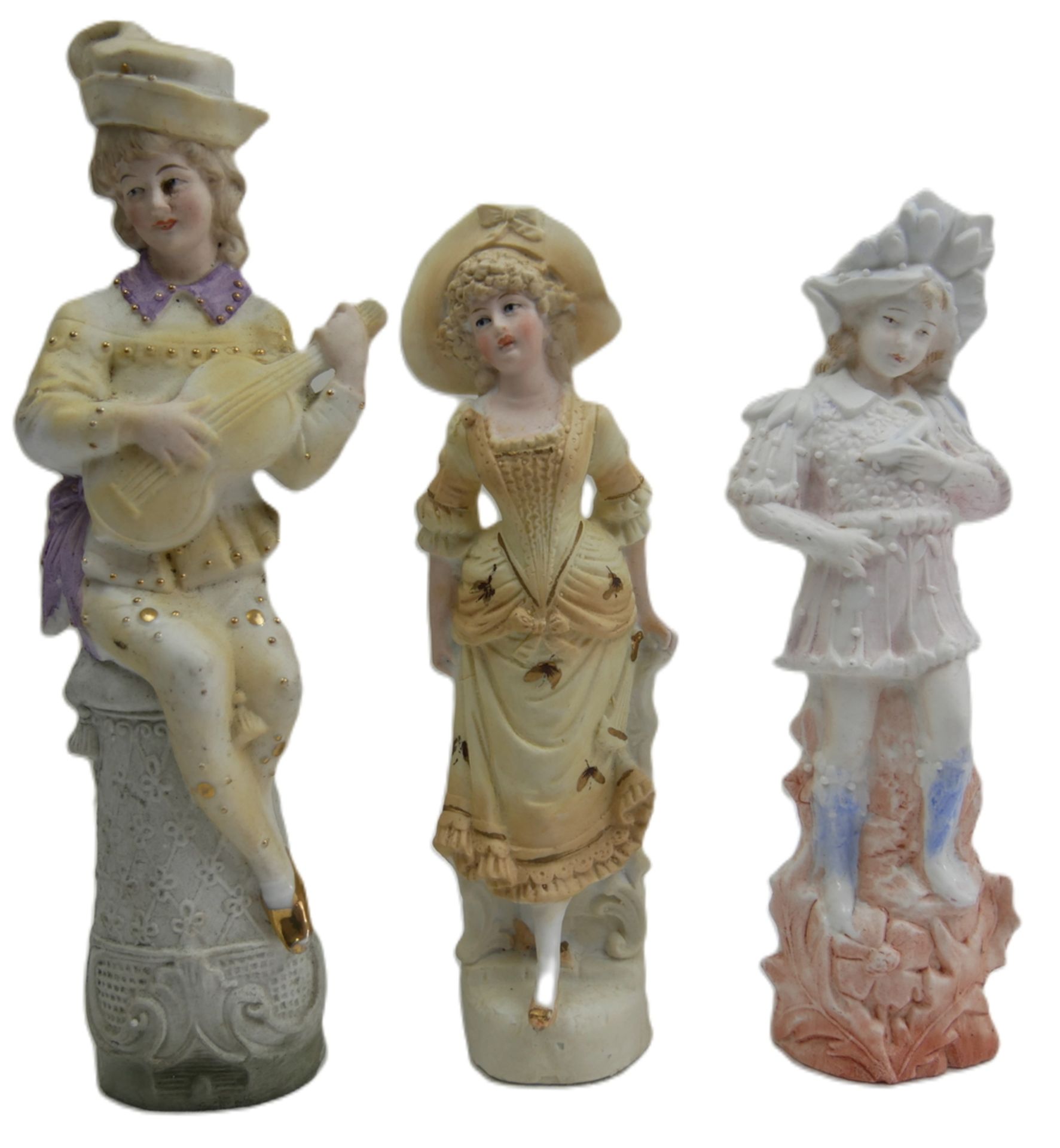 3 antike Bisquitt Porzellanfiguren, 1x feine Dame, Höhe ca. 21 cm, 1x Knabe mit Schuh, Höhe ca. 20,8