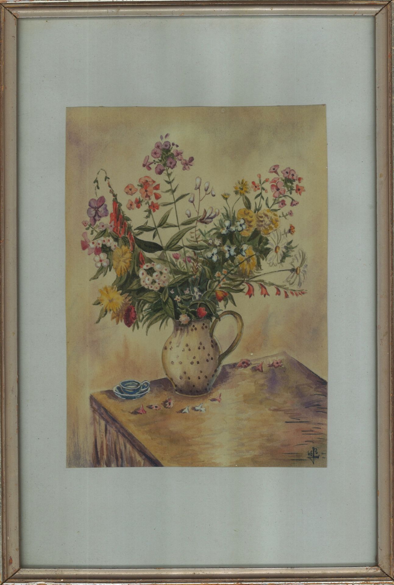 Aquarell "Blumenstillleben" rechts unten Monogramm und 46, hinter Glas gerahmt. Gesamtmaße: Höhe ca.