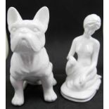 2 Porzellanfiguren, Weißporzellan, 1x Hund, Höhe ca. 22 cm, sowie 1x Frauenakt, Höhe ca. 20,5 cm,