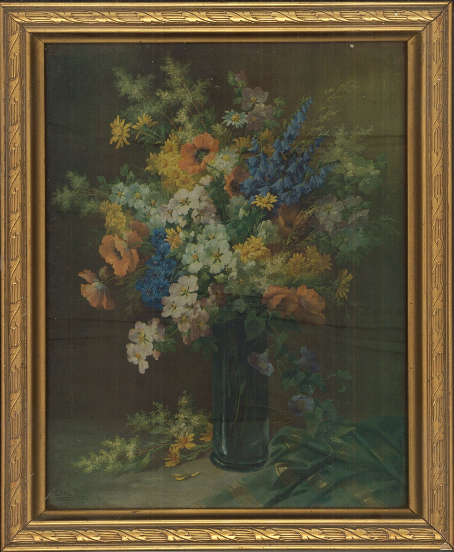 Druck "Blumenstrauß" nach einem Gemälde von Carl Jung, hinter Glas gerahmt. Gesamtmaße: Höhe ca.