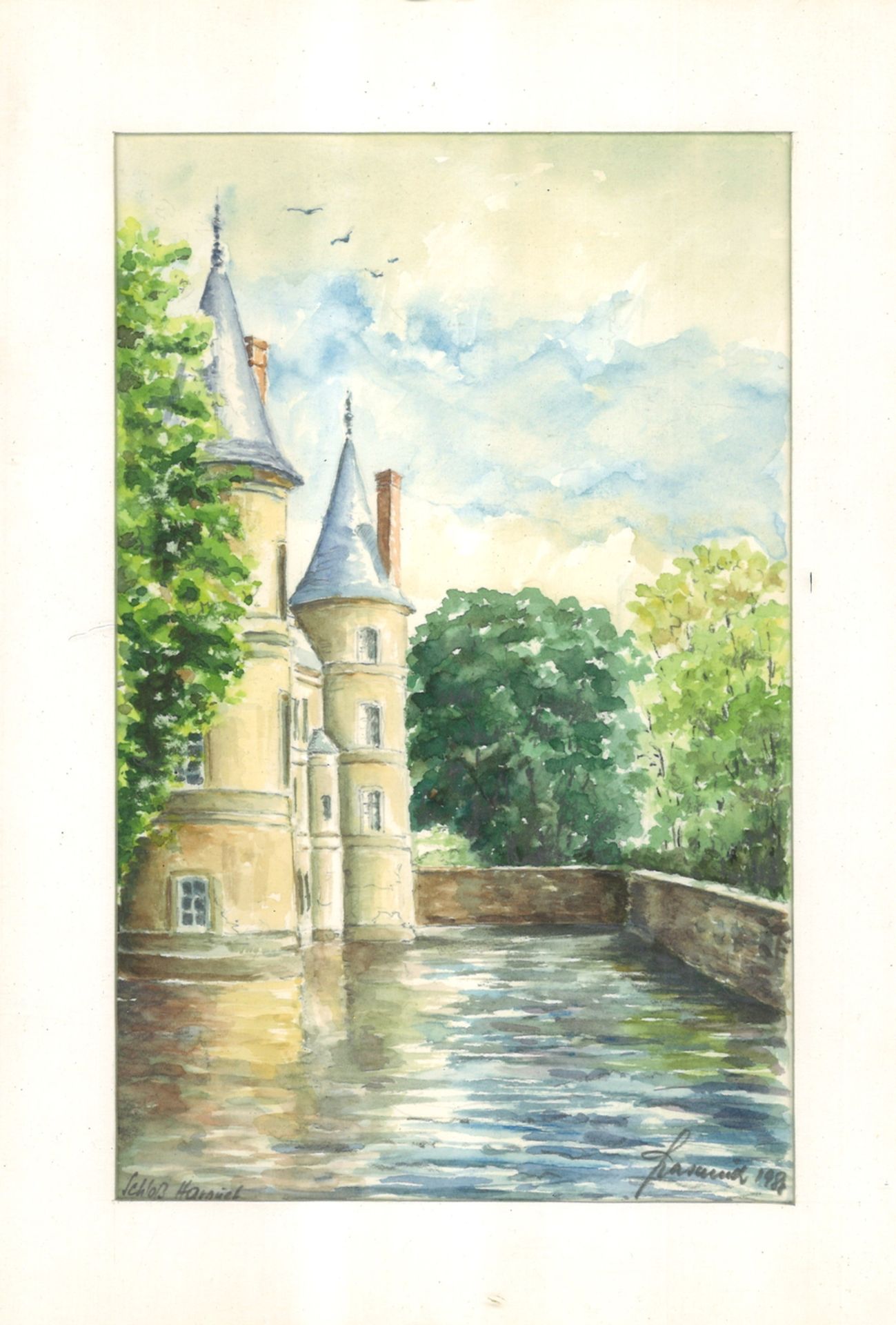 Aquarell "Schloss Haroué" hinter Glas gerahmt, unleserliche Signatur. Gesamtmaße: Höhe ca. 28 cm,