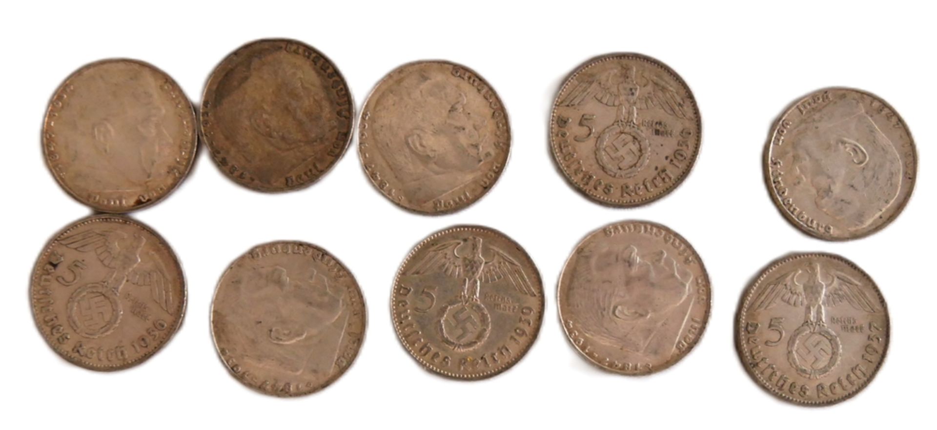 Lot 5 Reichsmark, verschiedene Jahrgänge. Hindenburg. 10 Stück - Bild 2 aus 2