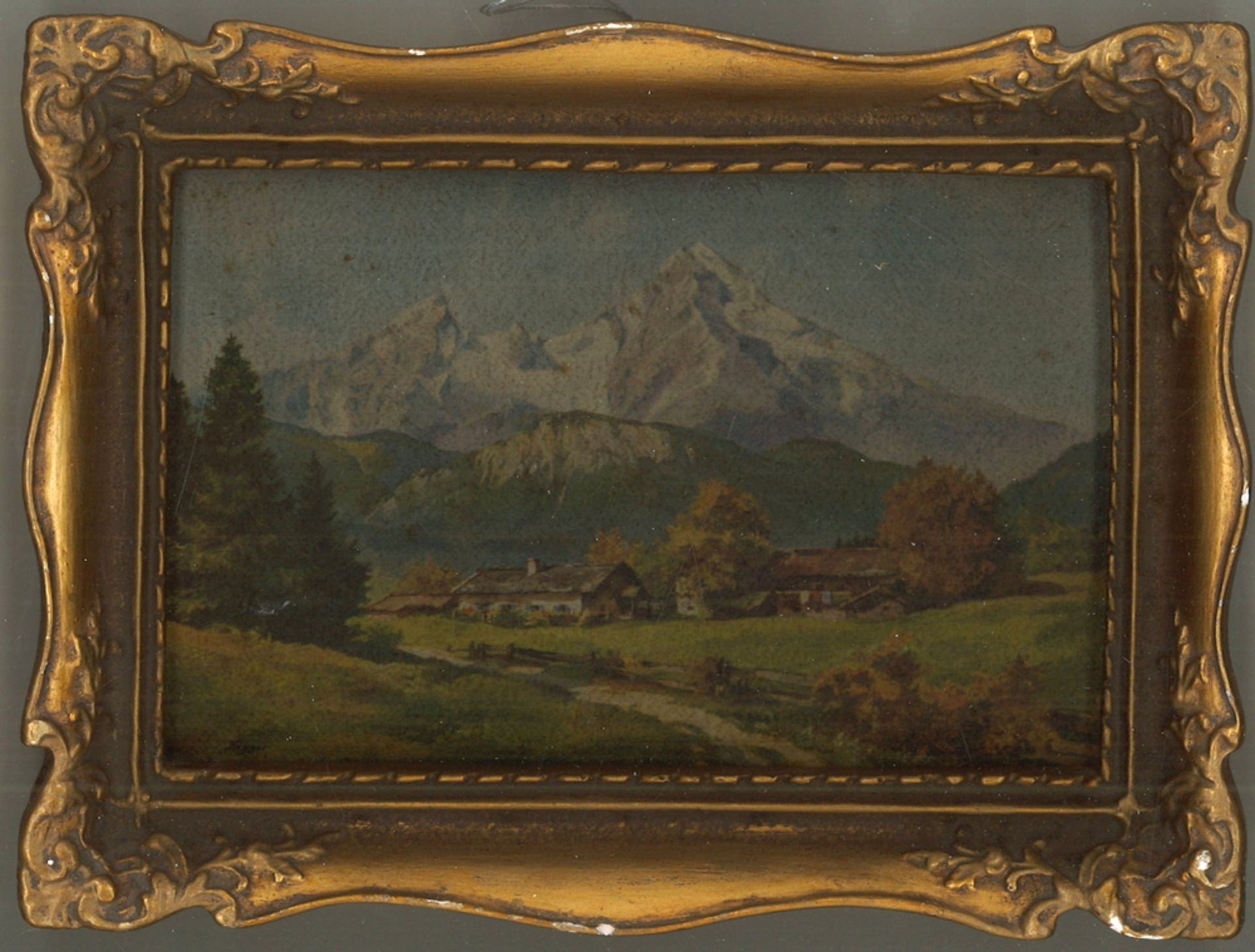 Druck eines Gemäldes von Karger "Alpine Landschaft" im goldenen Rahmen. Maße: Höhe ca. 13,5 cm,