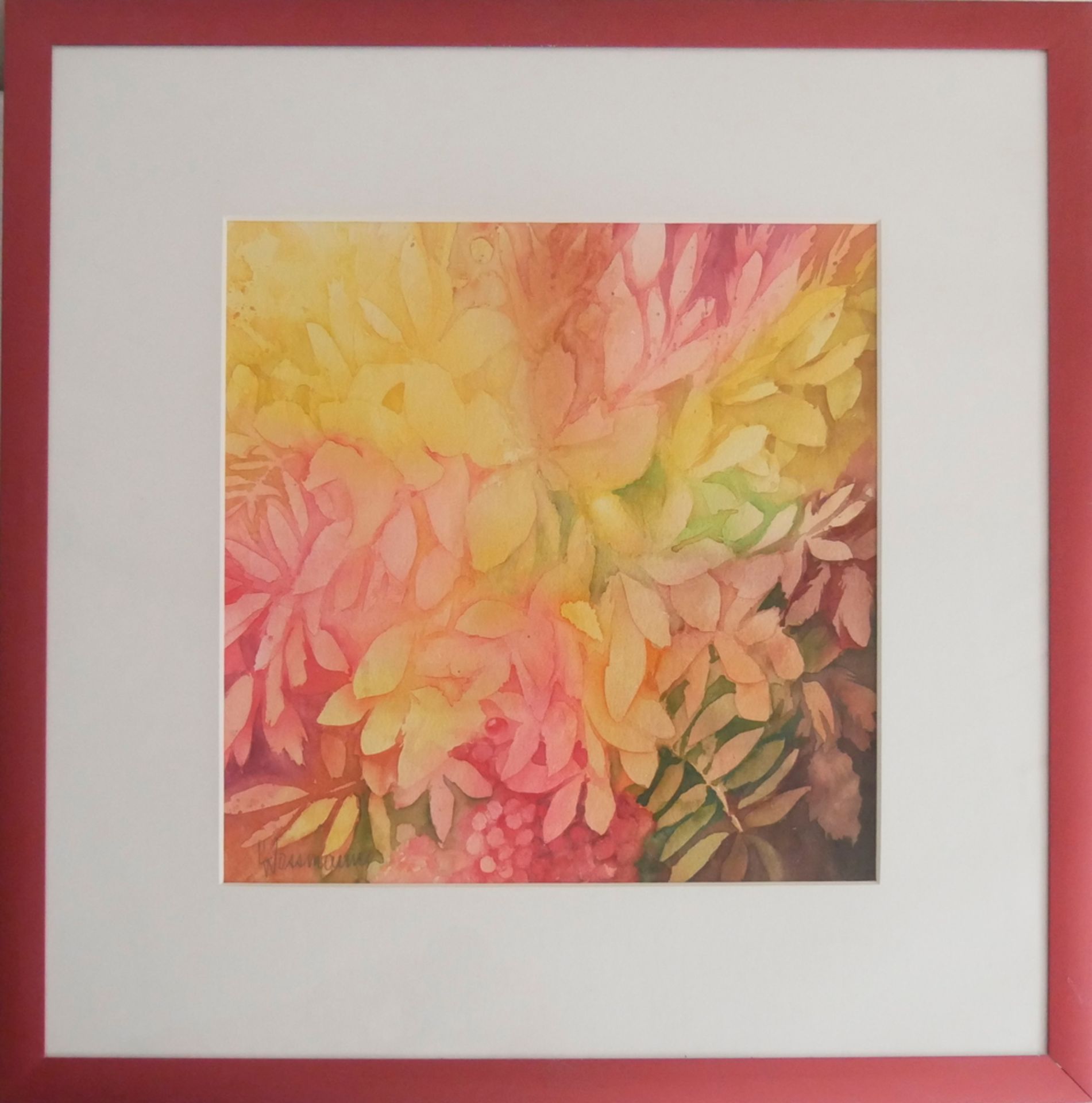 Aquarell "Blüten" von W. Ottmann, Signatur links unten, hinter Glas gerahmt, Maße inkl. Rahmen: