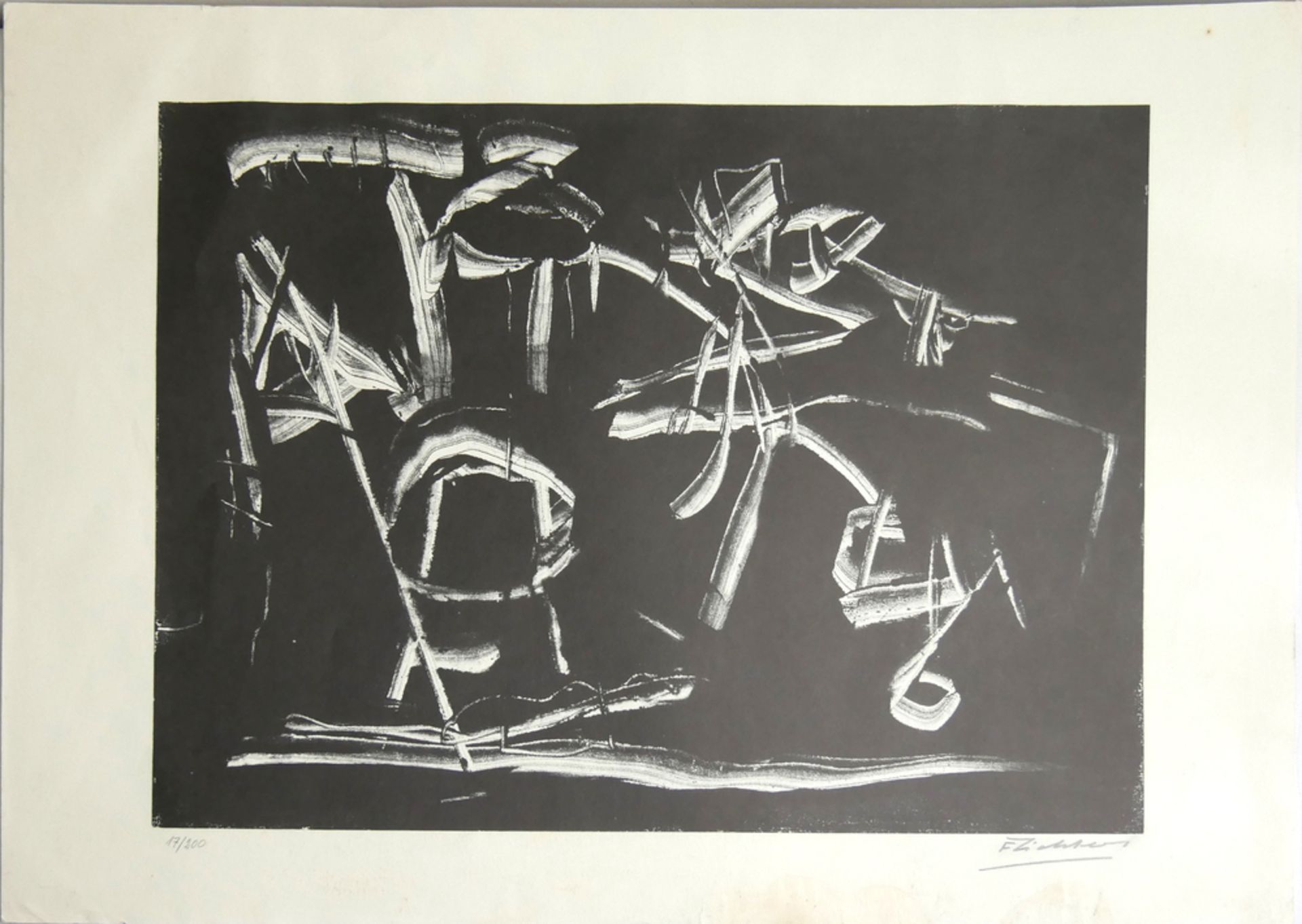 Druckgrafik "abstrakte Komposition", unleserliche Signatur unten rechts, 17/200, Maße: Breite ca. 61