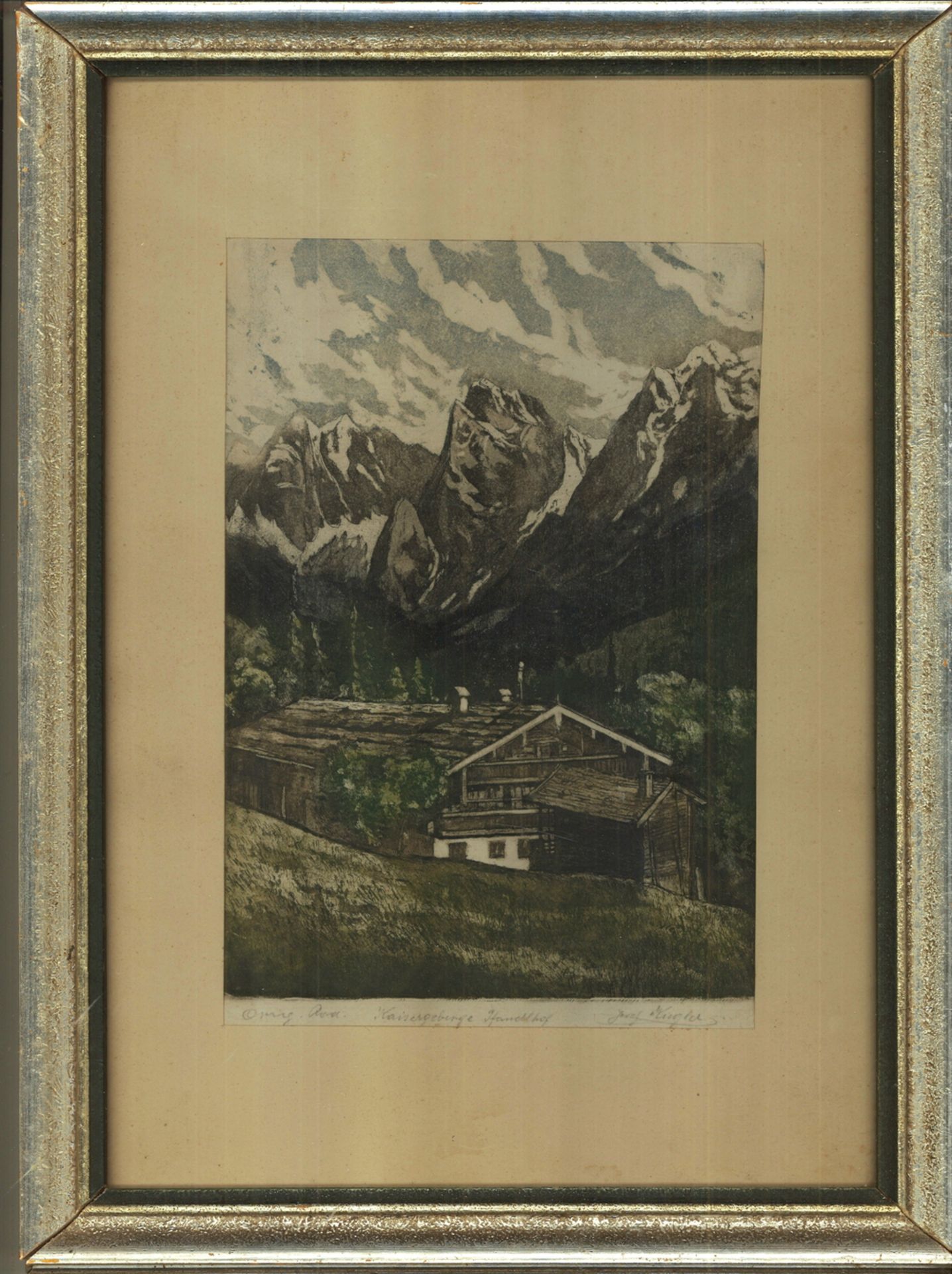 Original- Radierung "Kaisergebirge Pfandlhof" von Josef Kugler, Signatur rechts unten, hinter Glas