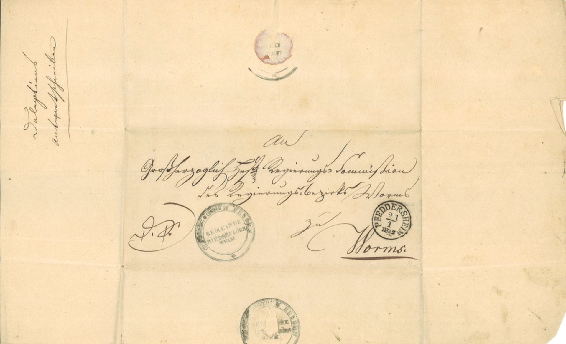 Faltbrief aus Nieder-Flörsheim, Januar 1852 "An die Großherzogliche Regierungskommission Worms", - Bild 2 aus 3