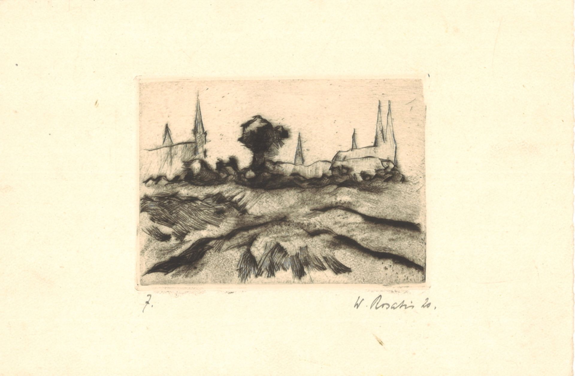 Radierung "Dorfansicht" von Waldemar Rosatis, Signatur rechts unten 20, Maße: Breite ca.: 29 cm