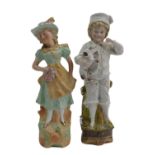 2 antike Bisquitt Porzellanfiguren, 1x Junge mit Hund, Höhe ca. 24 cm, sowie 1 Blumenmädchen, Höhe