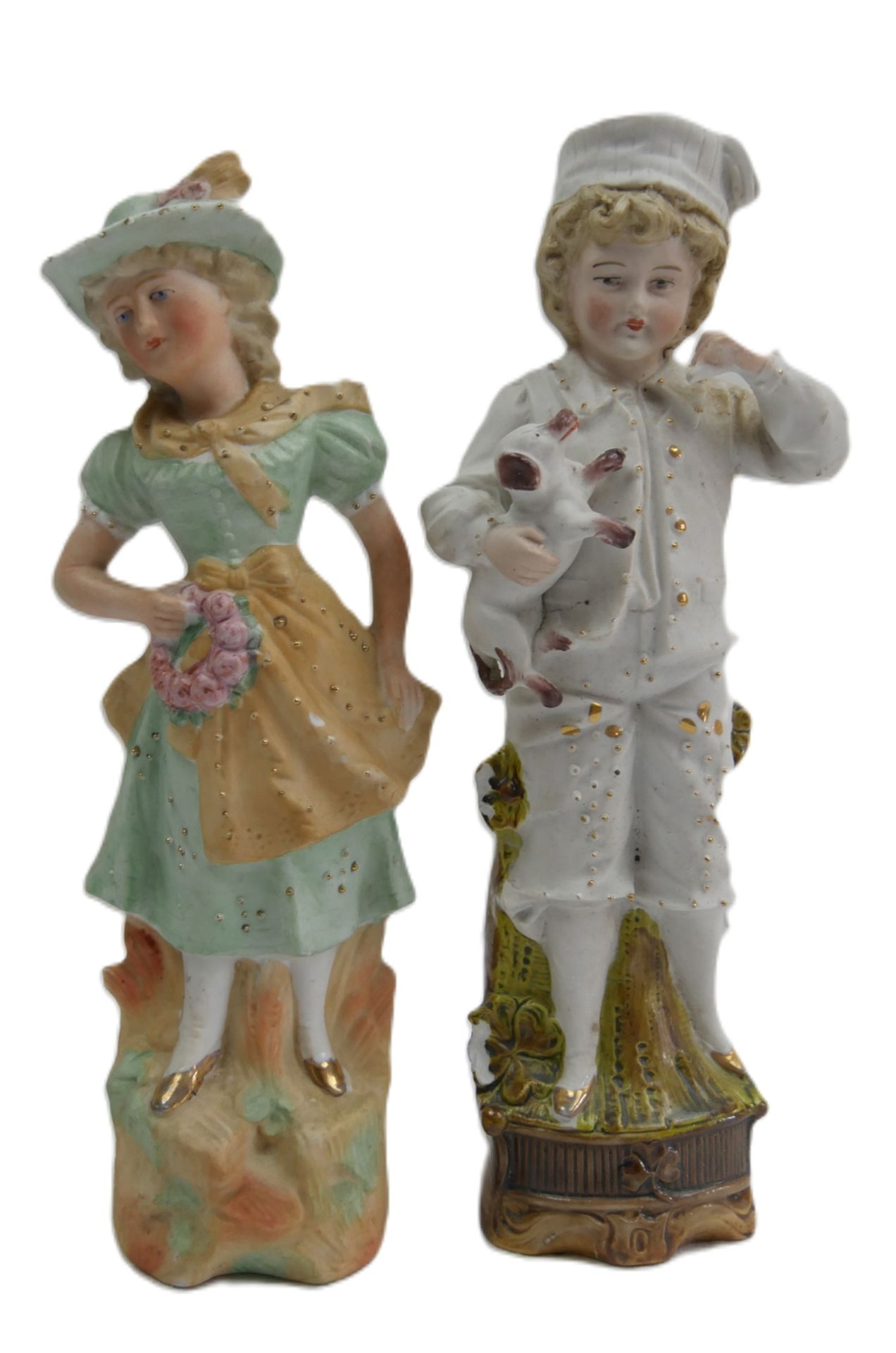 2 antike Bisquitt Porzellanfiguren, 1x Junge mit Hund, Höhe ca. 24 cm, sowie 1 Blumenmädchen, Höhe