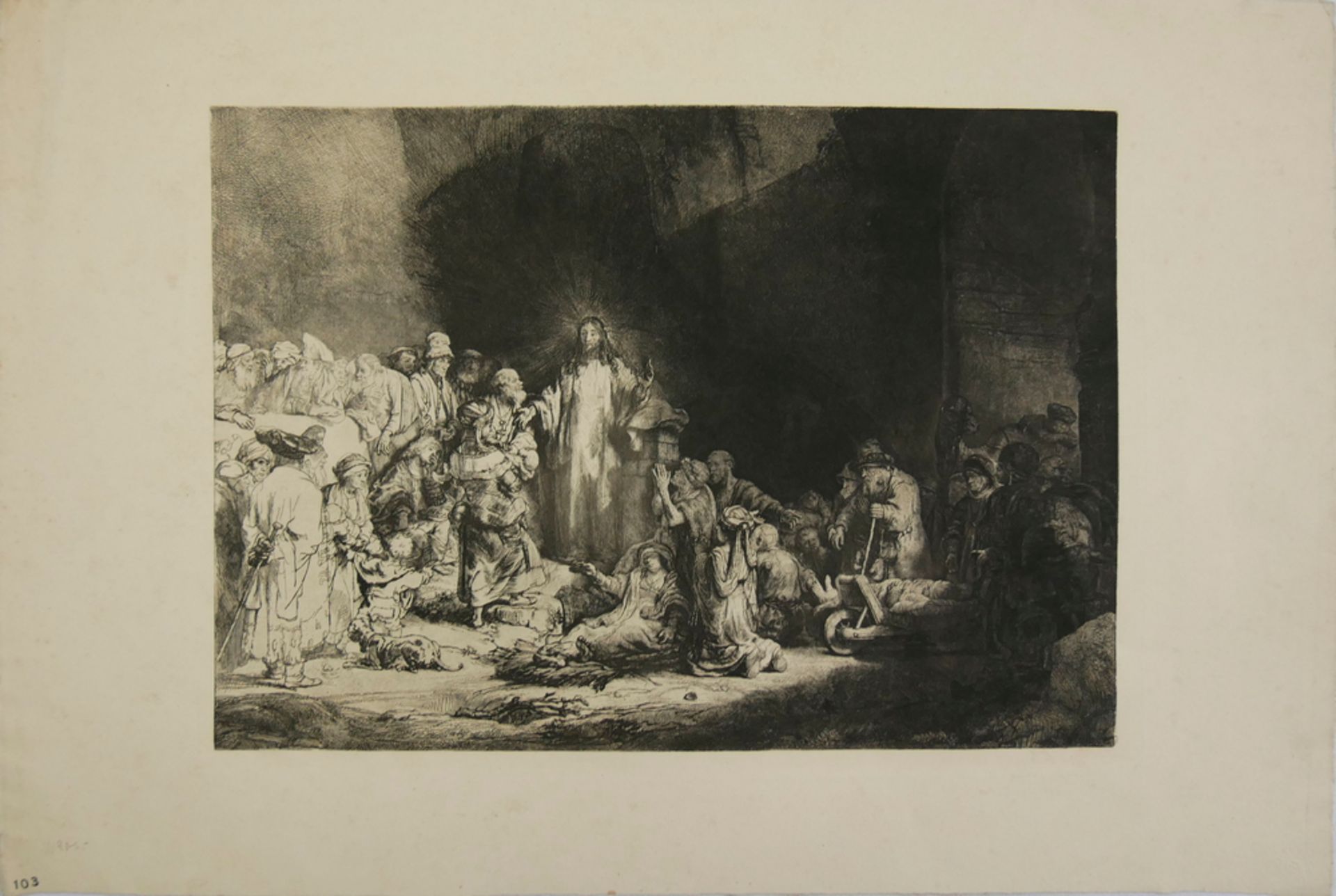 Druck-Grafik "Christus heilt die Kranken", von Rembrandt van Rijn, auf der Rückseite Stempel "