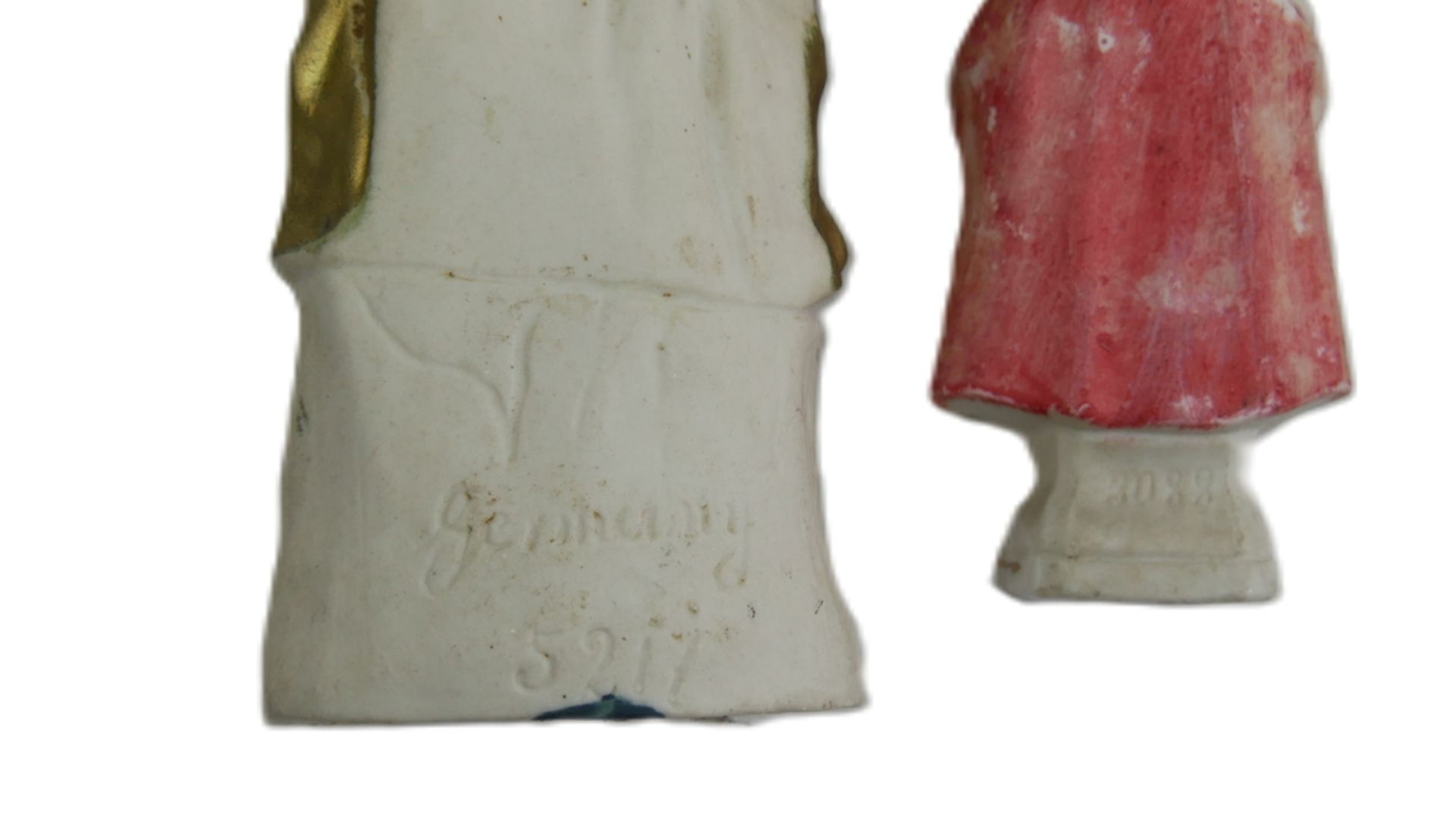 2 antike Bisquitt Porzellanfiguren, 1 Dame, Höhe ca. 24,5 cm, mit Farbabrieb, am Stand hinten - Bild 2 aus 2