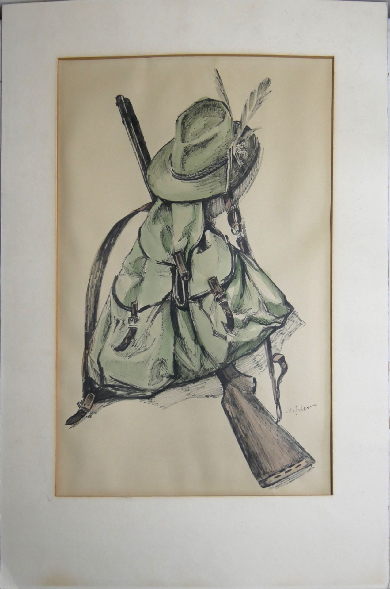 Farbzeichnung "Wanderrucksack, Gewehr und Hut", unleserliche Signatur rechts unten, Maße: Breite ca.