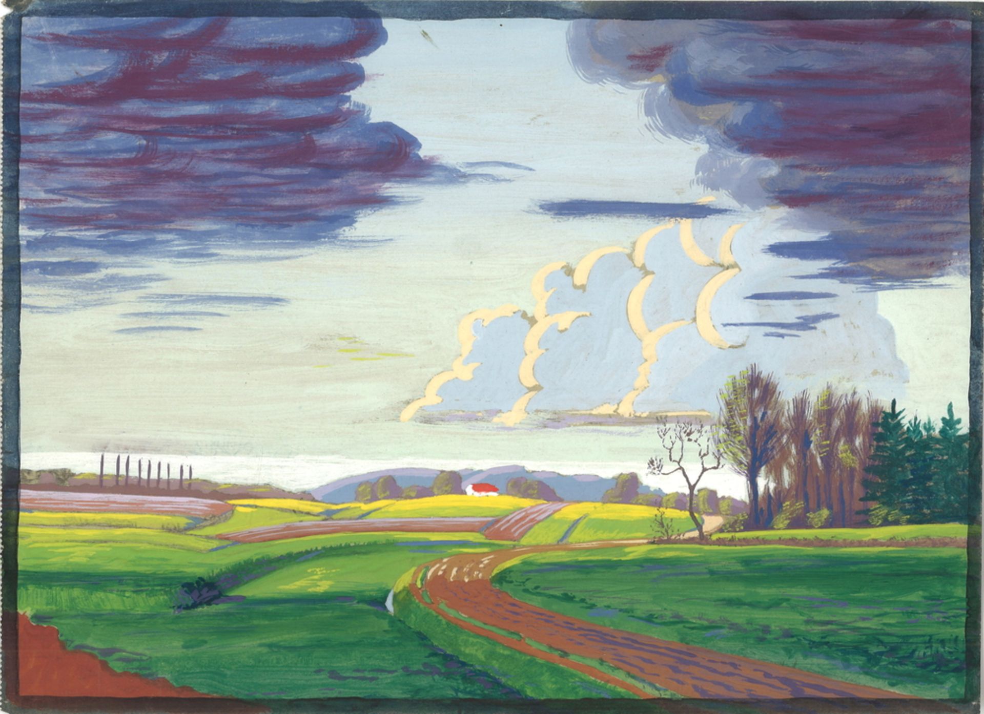 Kreide-/Temperazeichnung, "Idyllische Landschaft" von Ernst August Funke, aus Nachlaß-Auflösung,