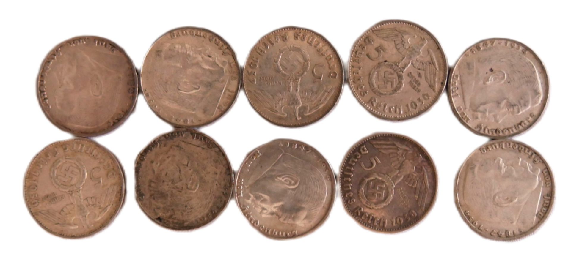 Lot 5 Reichsmark, verschiedene Jahrgänge. Hindenburg. 10 Stück - Bild 2 aus 2
