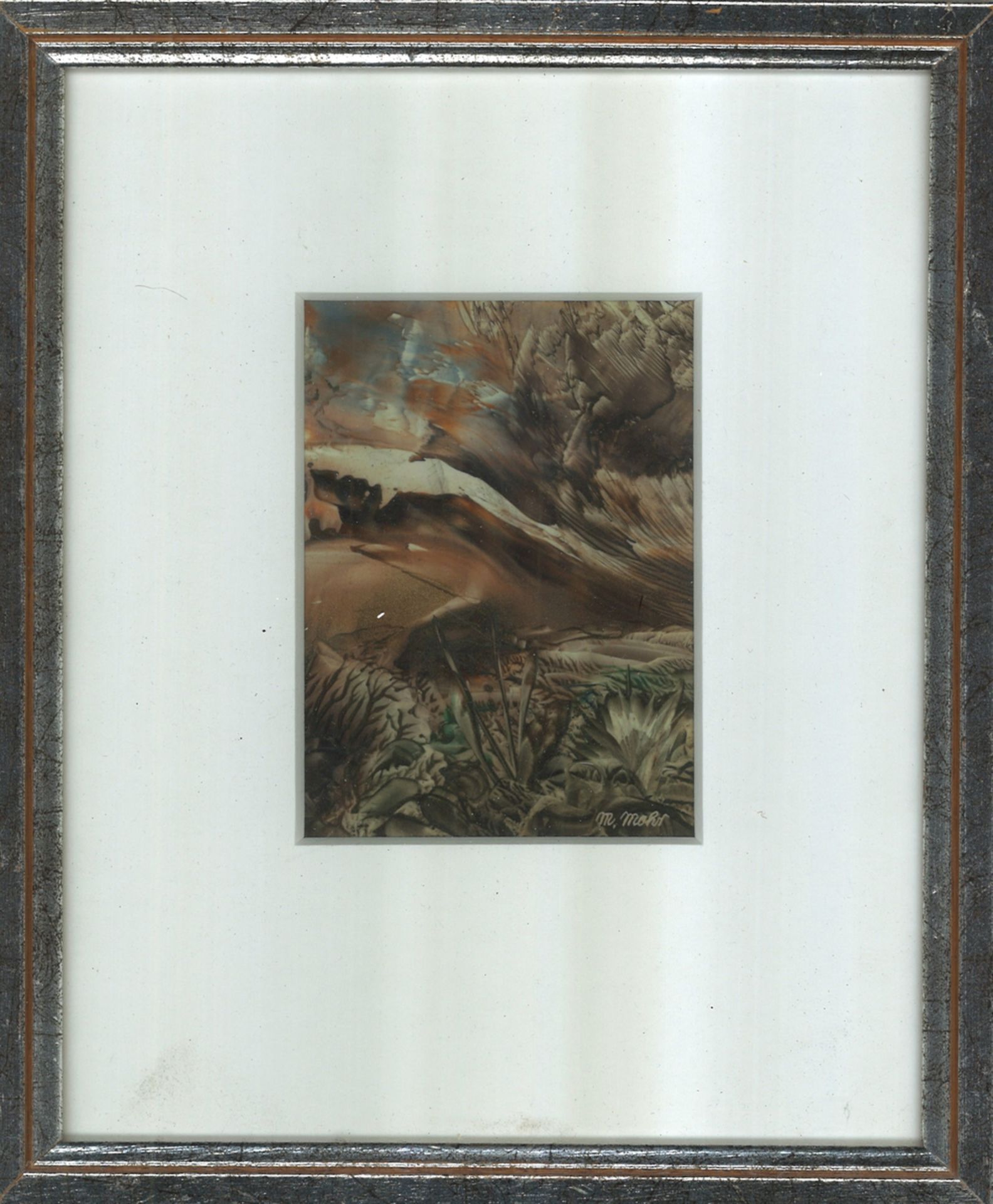 Druckgraphik "abstrakte Landschaft" rechts unten M. Mohr, hinter Glas gerahmt. Gesamtmaße: Höhe