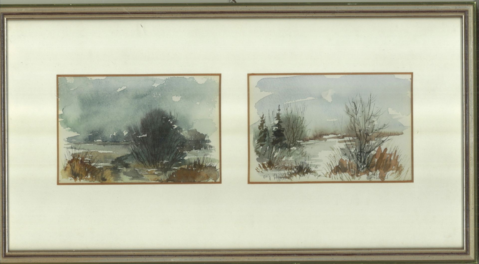 2 original Landschafts Aquarelle hinter Glas gerahmt, rechts unleserliche Signatur. Gesamtmaße: Höhe
