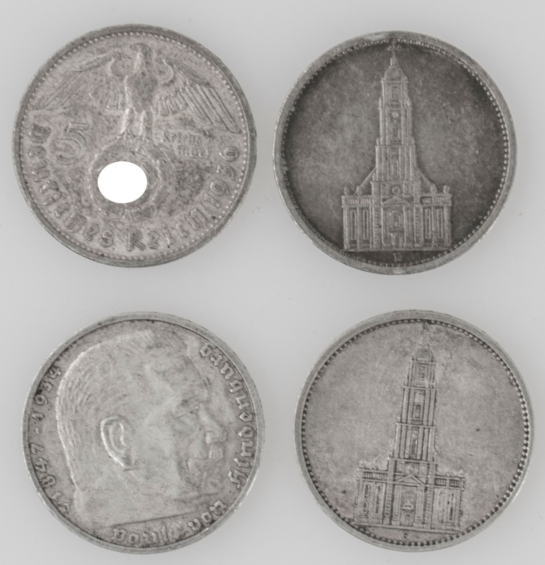 Drittes Reich 1934/36, Lot 5 Reichsmark - Silbermünzen. Erhaltung: ss.