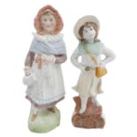 2 antike Bisquitt Porzellanfiguren, 1x Magd, Höhe ca. 17,3 cm sowie 1 Mädchen mit Tasche, Höhe ca.