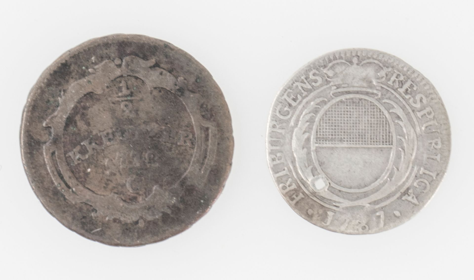 Schweiz, Kanton Freiburg 1787, 7 Kreuzer - Silbermünze. Dazu Österreich Maria Theresia 1772 1/2