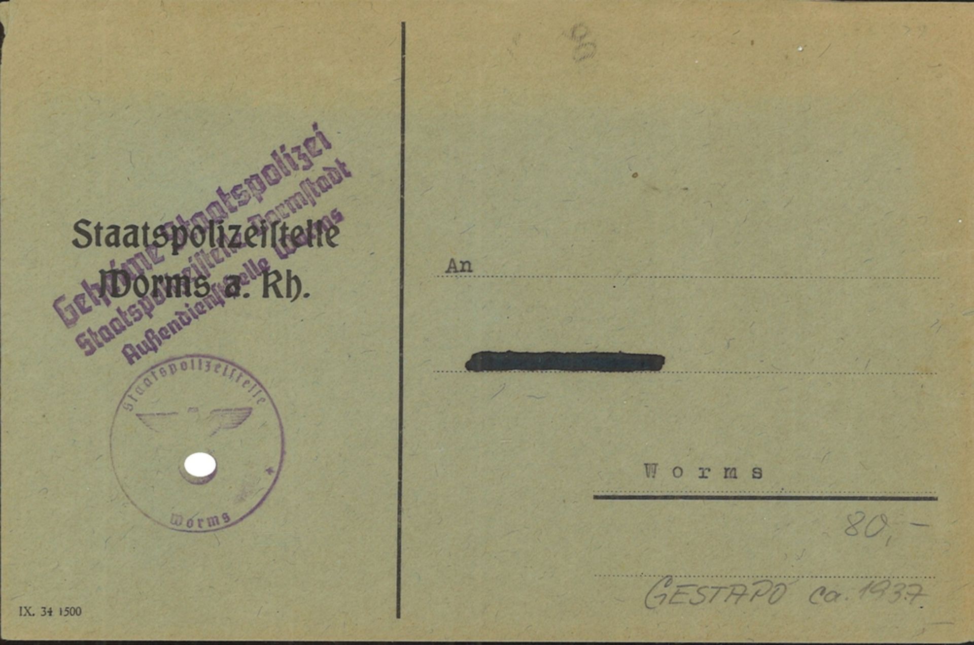 Brief der Gestapo Worms, ca. 1937, mit Stempel "Geheime Staatspolizei Darmstadt Außendiensstelle