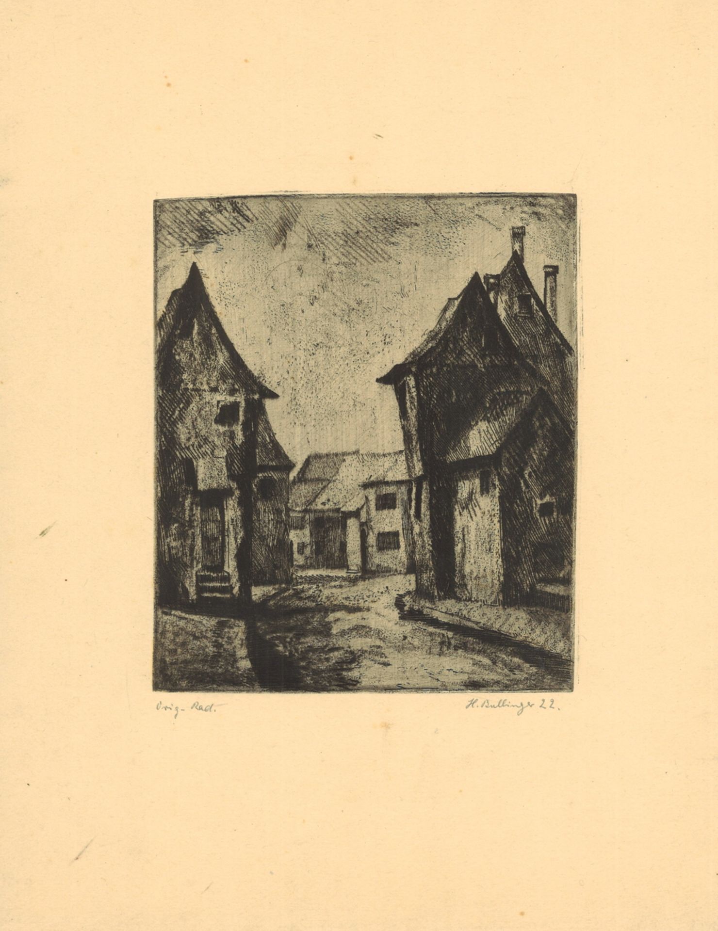 Original-Radierung "Dorf" von Hans Bullinger (*1896 Hassloch - 1961), Signatur rechts unten 22,