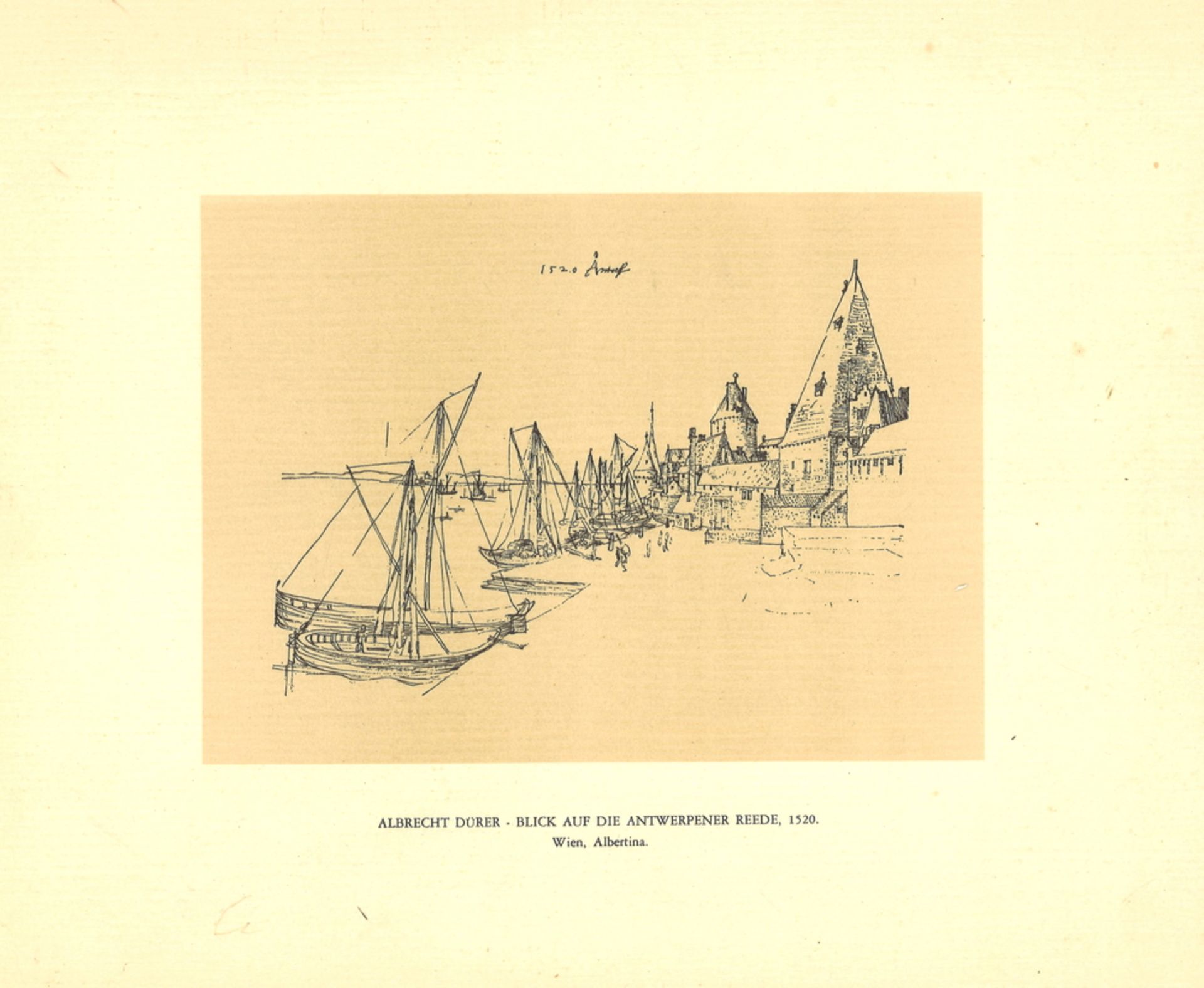 Druckgraphik Albrecht Dürer "Blick auf die Antwerpener Reede, 1520" Wien Albertina. Druck von J.E.