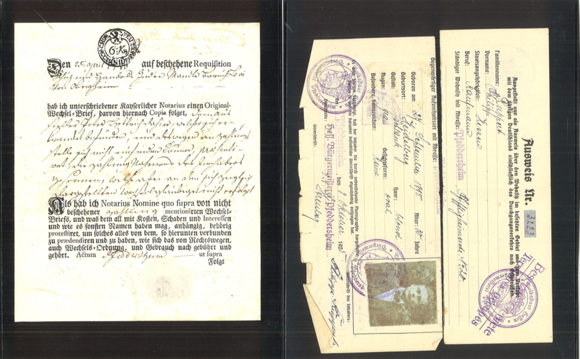 2 Dokumente Worms - Pfeddersheim. Notarurkunde 1780 mit Gebührenstempel und Ausweis für "Besetzte